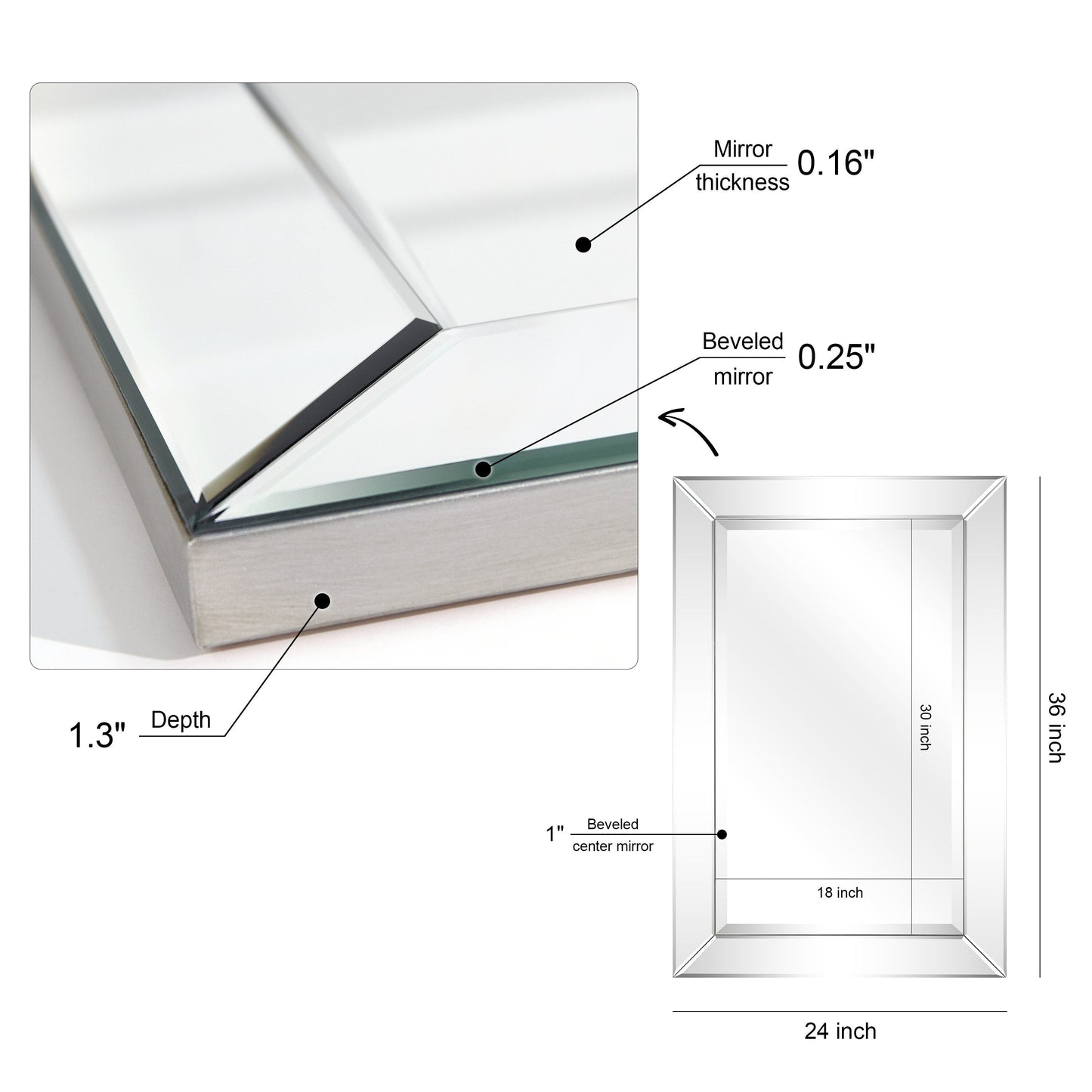 Specchio da parete rettangolare smussato trasparente HD per bagno, toeletta, specchi da camera da letto, 3 misure