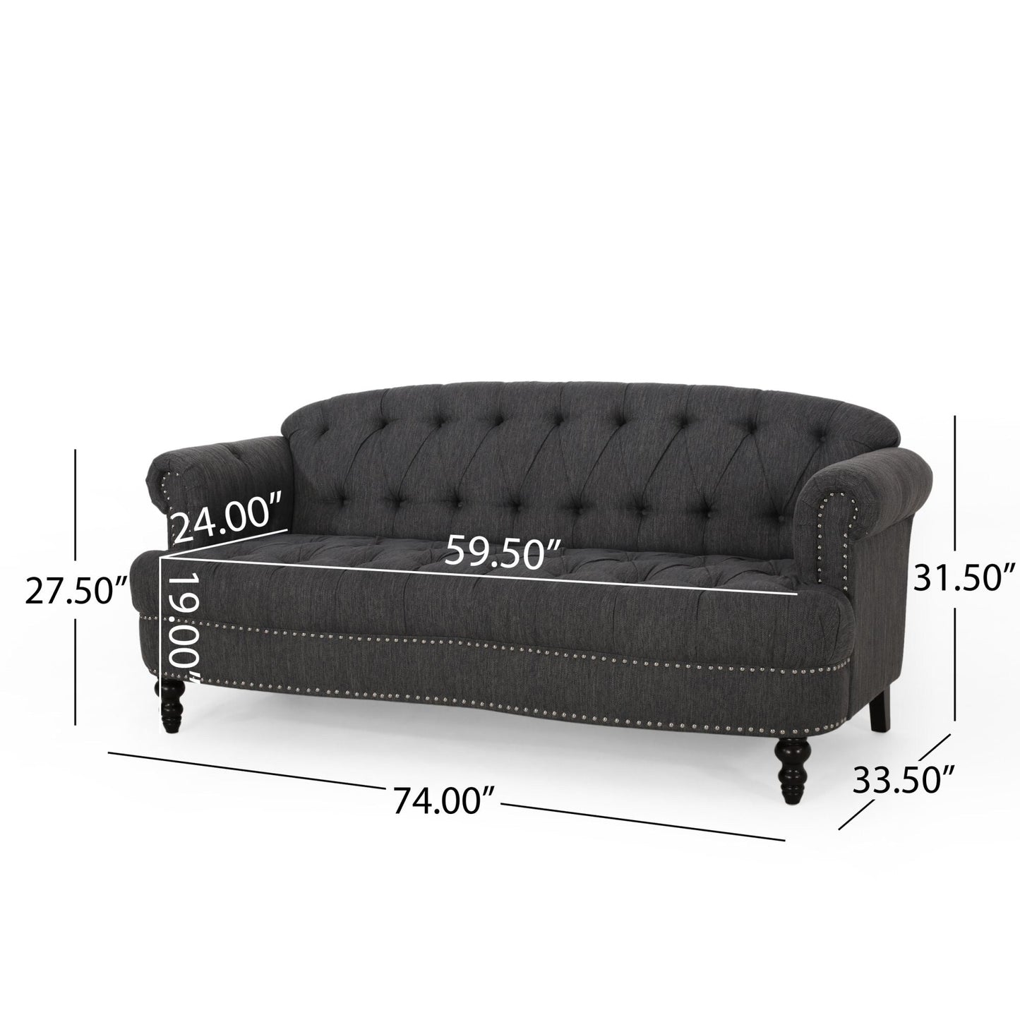 Divano a 3 posti in tessuto nero da 74'' con design a borchie, gambe in legno massello e seduta spaziosa