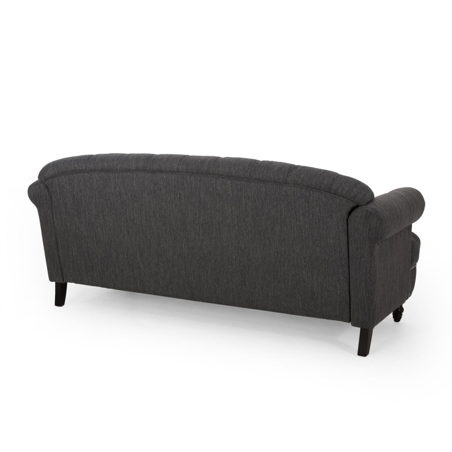 Divano a 3 posti in tessuto nero da 74'' con gambe in legno massello, finiture con borchie e design spazioso per il soggiorno