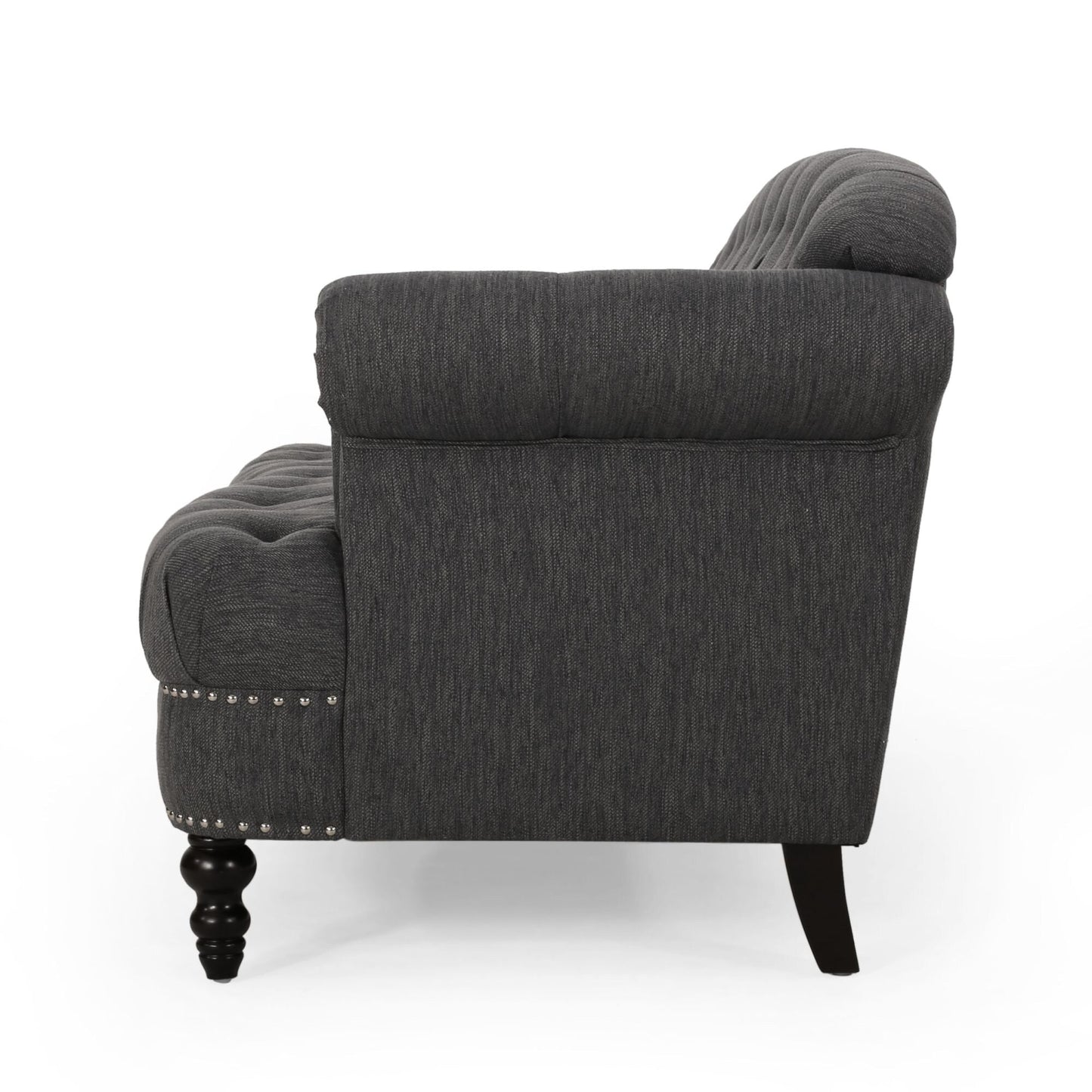Divano a 3 posti in tessuto nero da 74'' con gambe in legno massello, finiture con borchie e design spazioso per il soggiorno