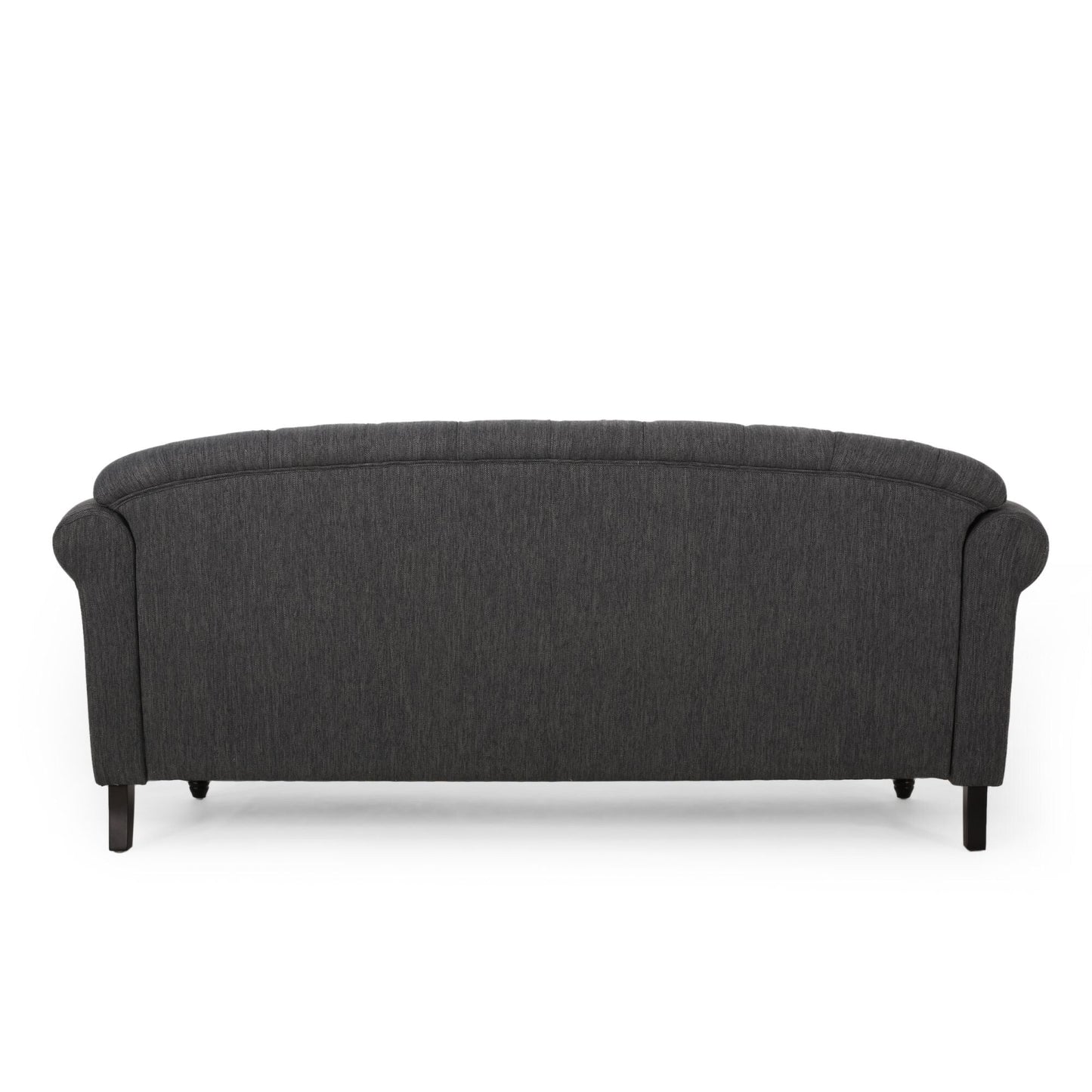Divano in tessuto nero da 74'' con gambe in legno massello e finiture con borchie