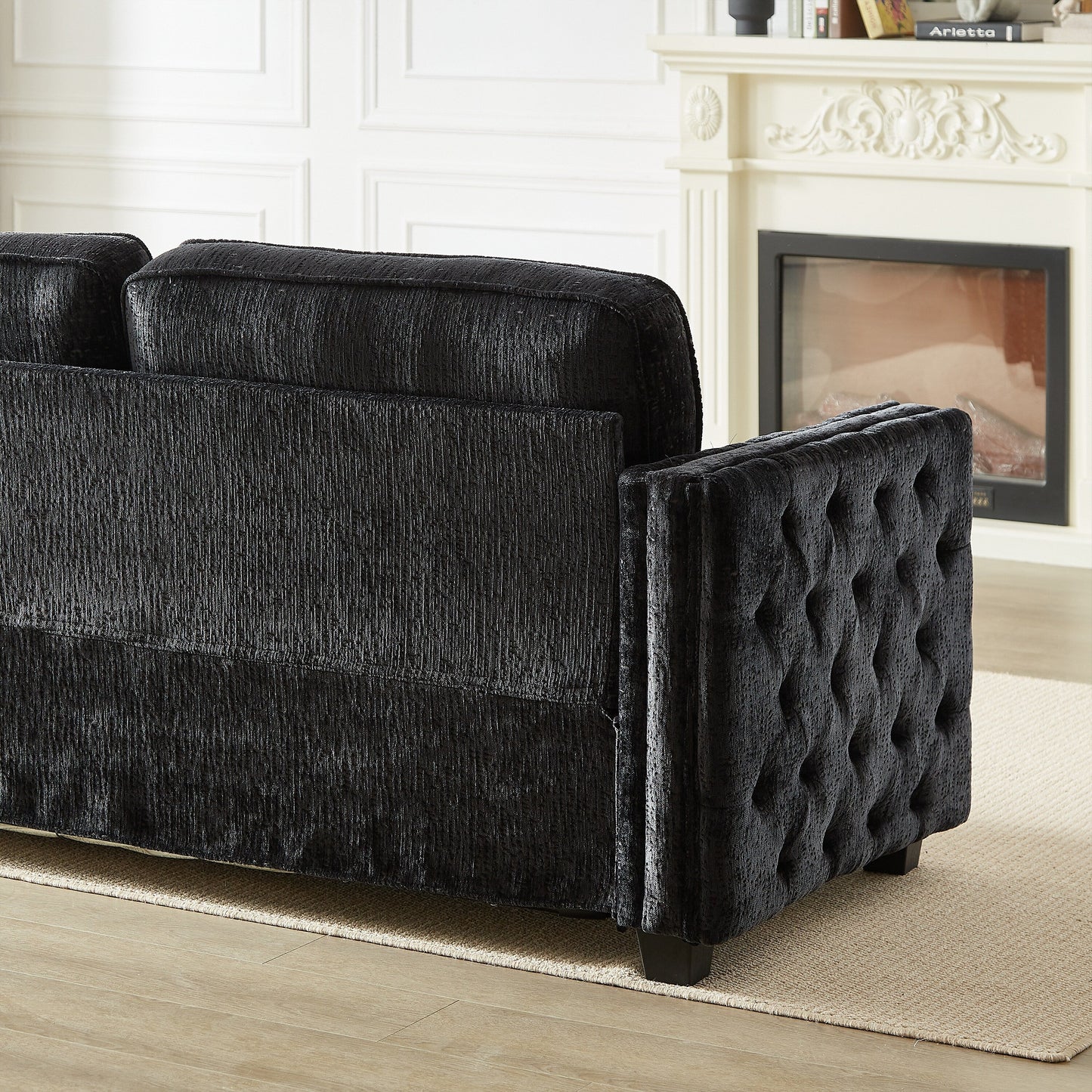 Divano letto a 3 posti in ciniglia nera 81 con borchie e materasso in memory foam per soggiorno