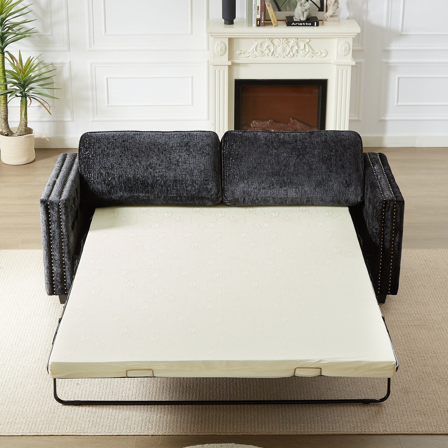 Divano letto a 3 posti in ciniglia nera 81 con borchie e materasso in memory foam per soggiorno