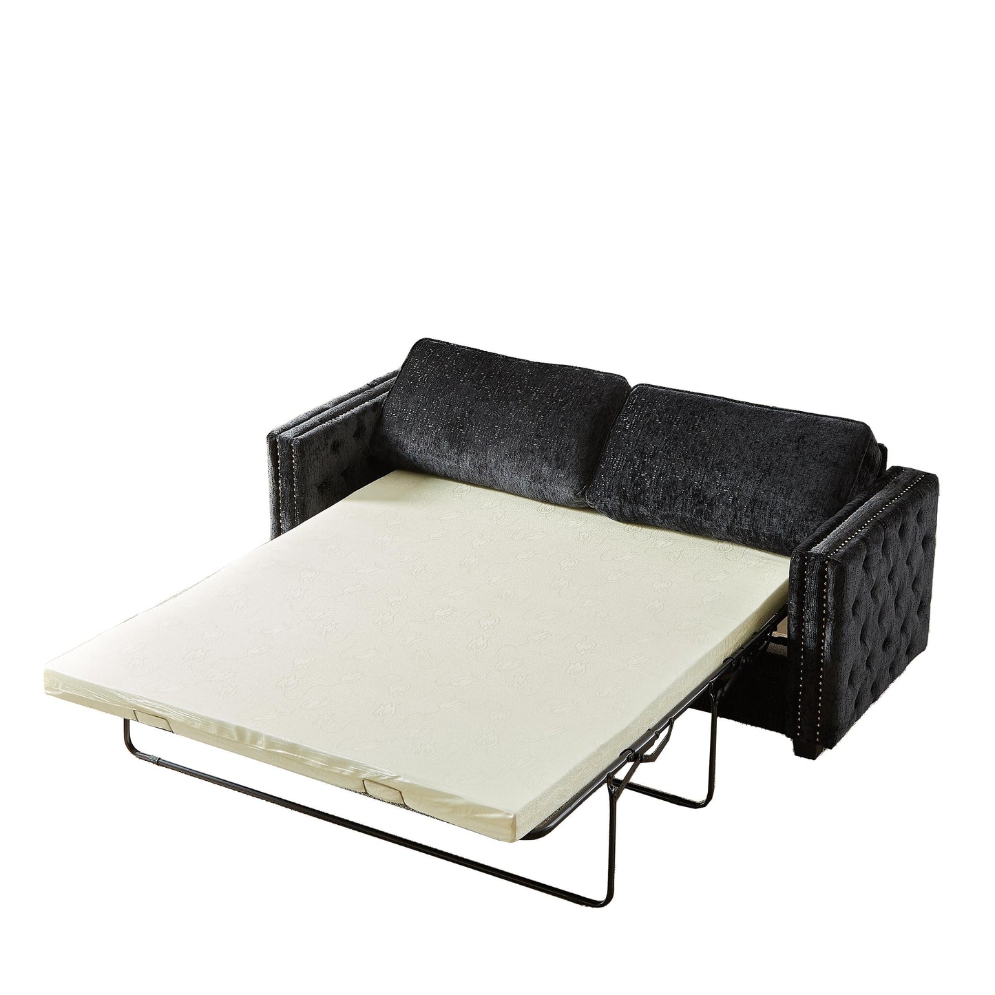 Divano letto a 3 posti in ciniglia nera 81 con borchie e materasso in memory foam per soggiorno