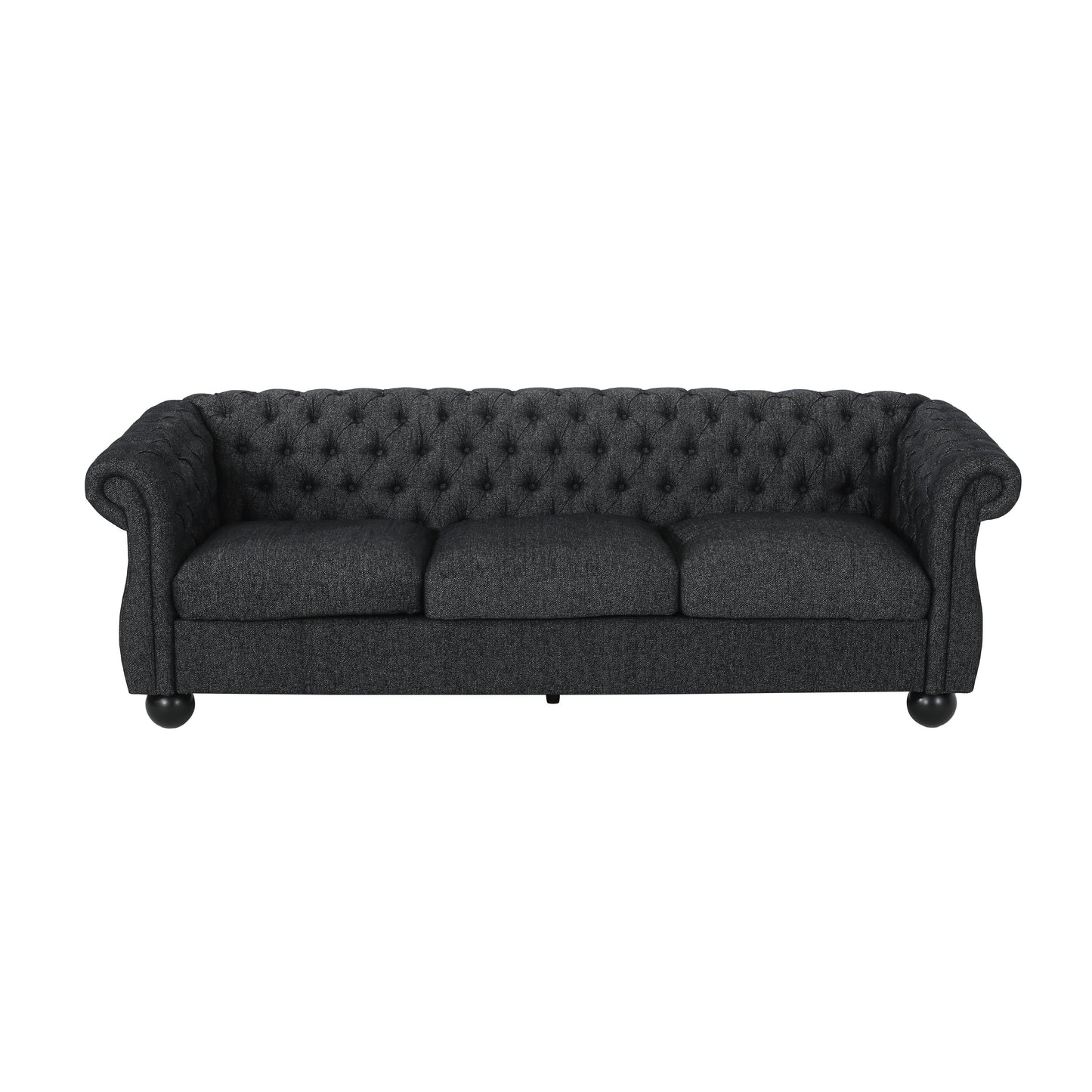 Divano trapuntato retrò a 3 posti in poliestere nero 83,25 con gambe in legno massello, elegante e resistente per soggiorno o studio