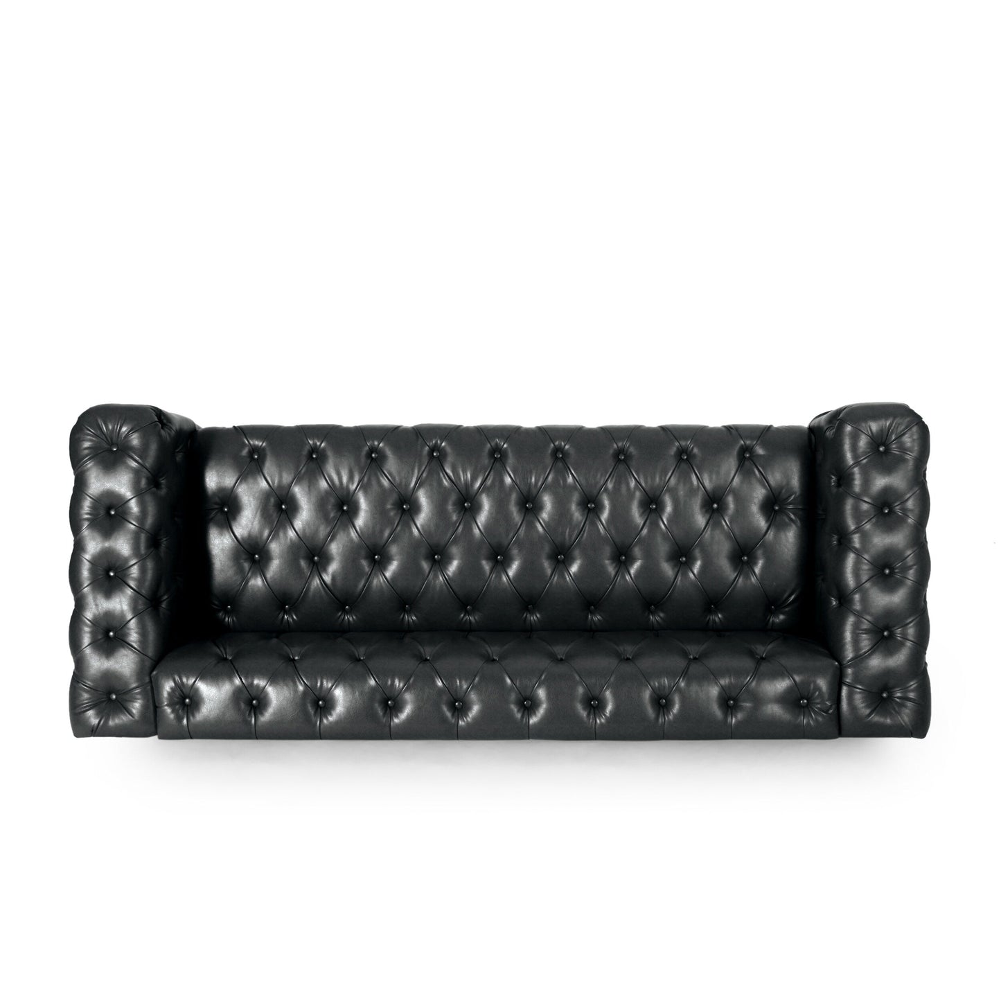 Divano a 3 posti in pelle PU nera 83,5 con schienale trapuntato a bottoni, braccioli larghi e gambe in legno vintage