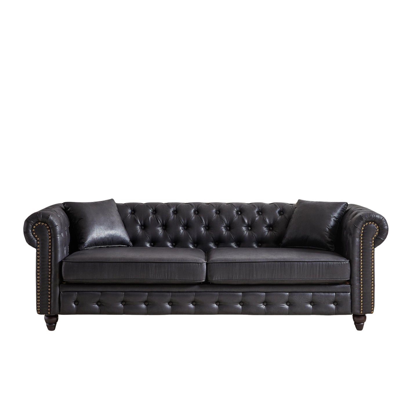 Divano Chesterfield a 3 posti con braccioli arrotolati in tessuto tecnico nero 85,5 e 2 cuscini per soggiorno