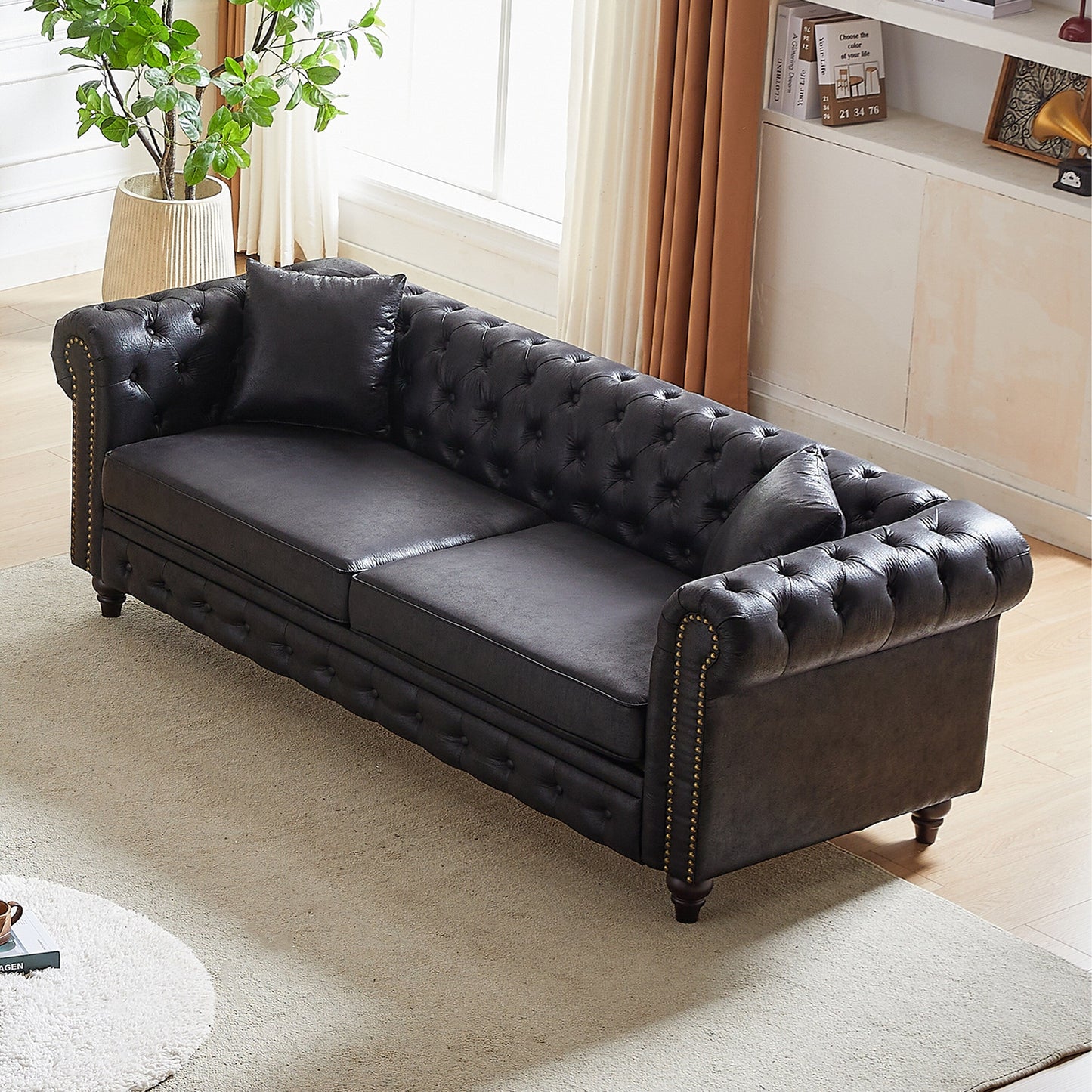 Divano Chesterfield a 3 posti con braccioli arrotolati in tessuto tecnico nero 85,5 e 2 cuscini per soggiorno