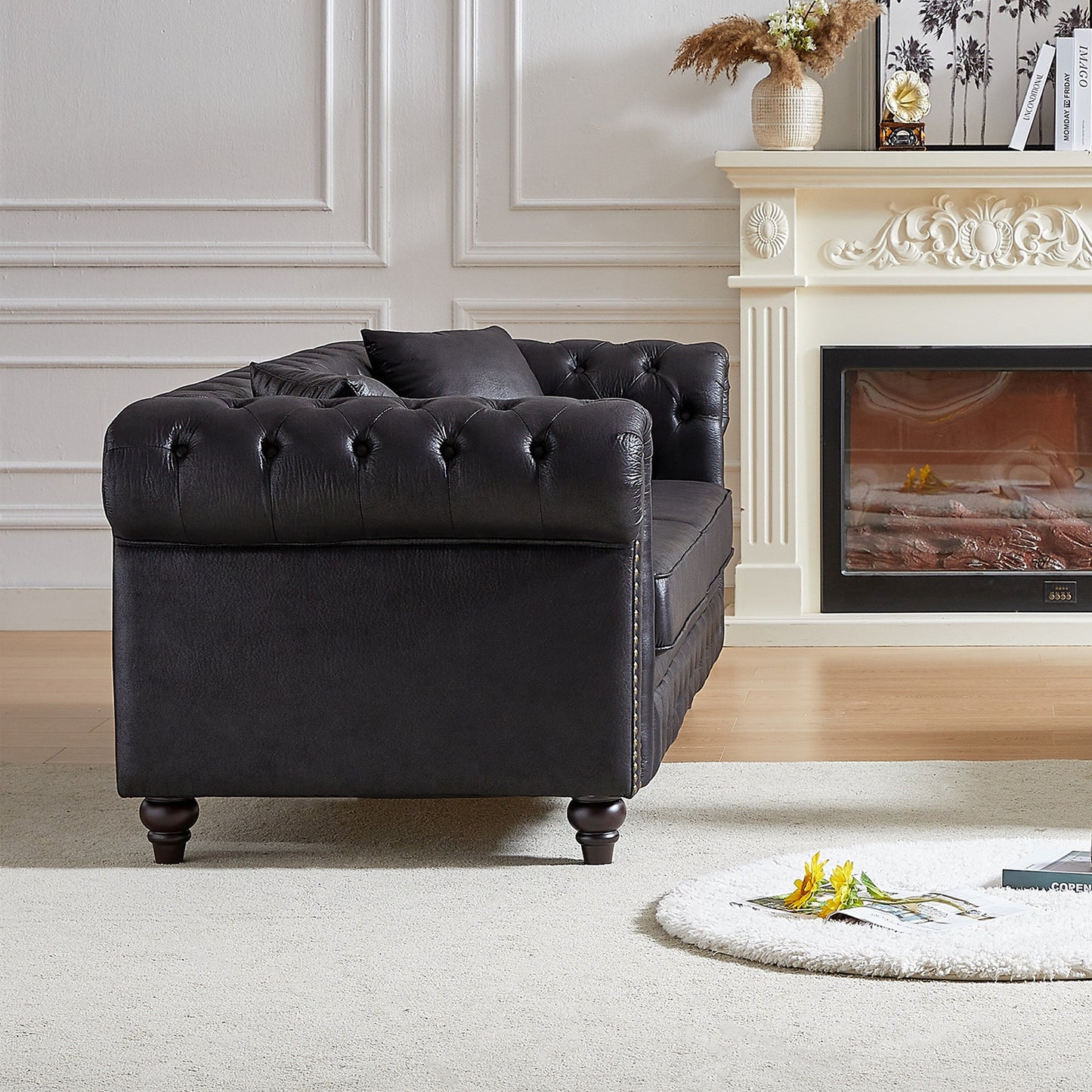 Divano Chesterfield a 3 posti con braccioli arrotolati in tessuto tecnico nero 85,5 e 2 cuscini per soggiorno
