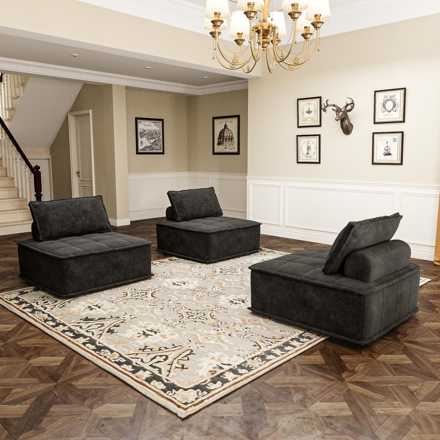 Set di divani modulari in ciniglia nera da 3 pezzi