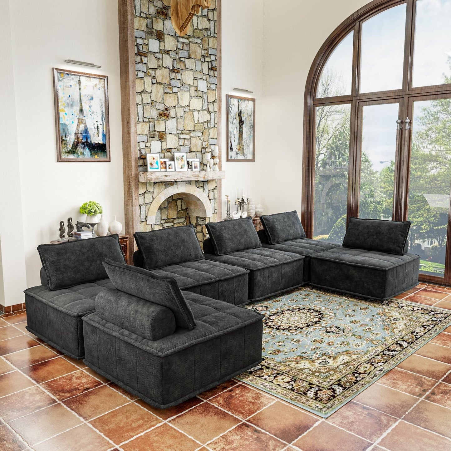 Set di divani modulari in ciniglia nera da 6 pezzi
