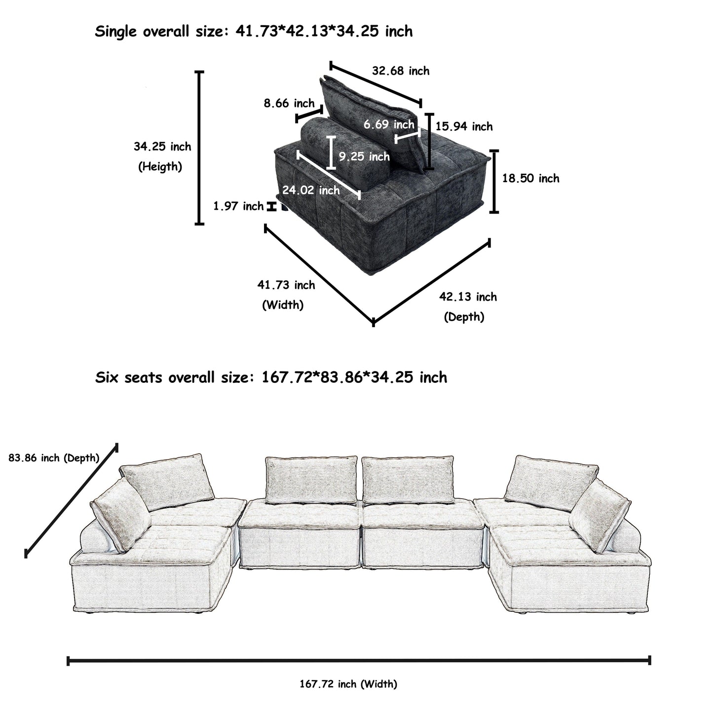 Set di divani modulari in ciniglia nera da 6 pezzi