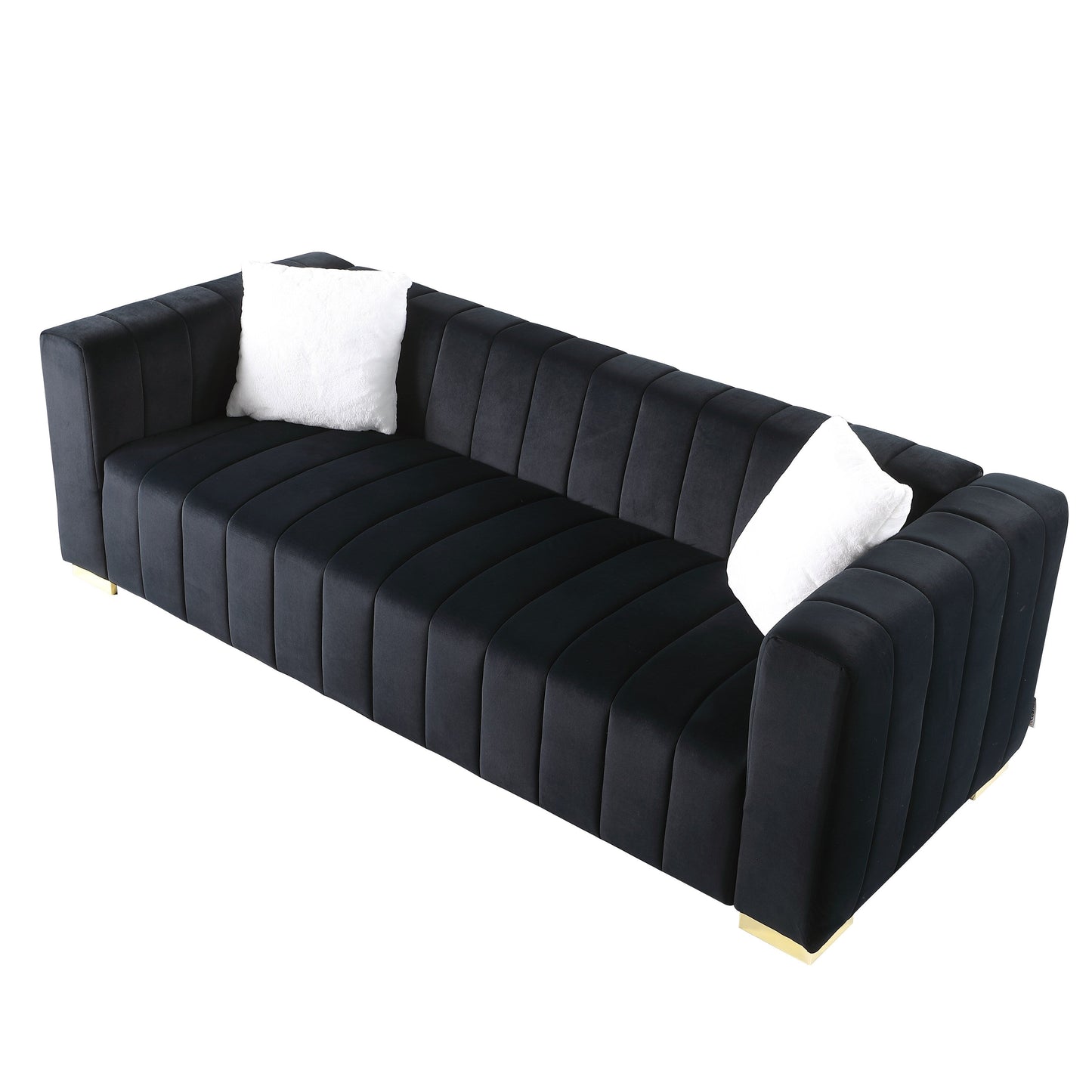Divano Chesterfield 87.01 in velluto nero con trapuntatura a canale a 3 posti e cuscini per soggiorno