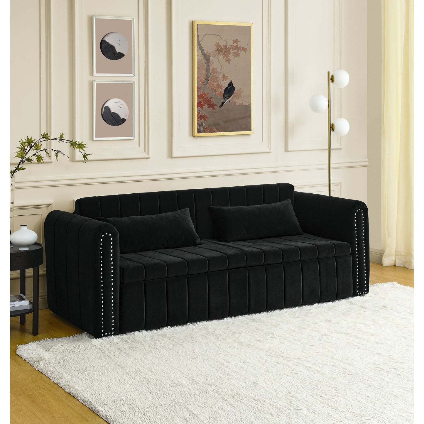 Divano letto estraibile 3 in 1 moderno nero 68 in schiuma con chiodi in rame e due cassetti