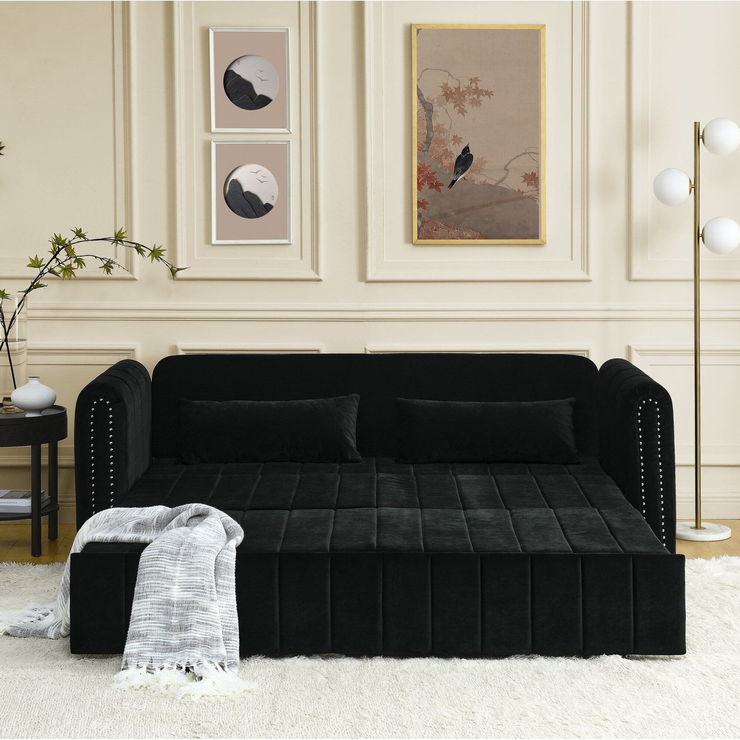 Divano letto estraibile 3 in 1 moderno nero 68 in schiuma con chiodi in rame e due cassetti
