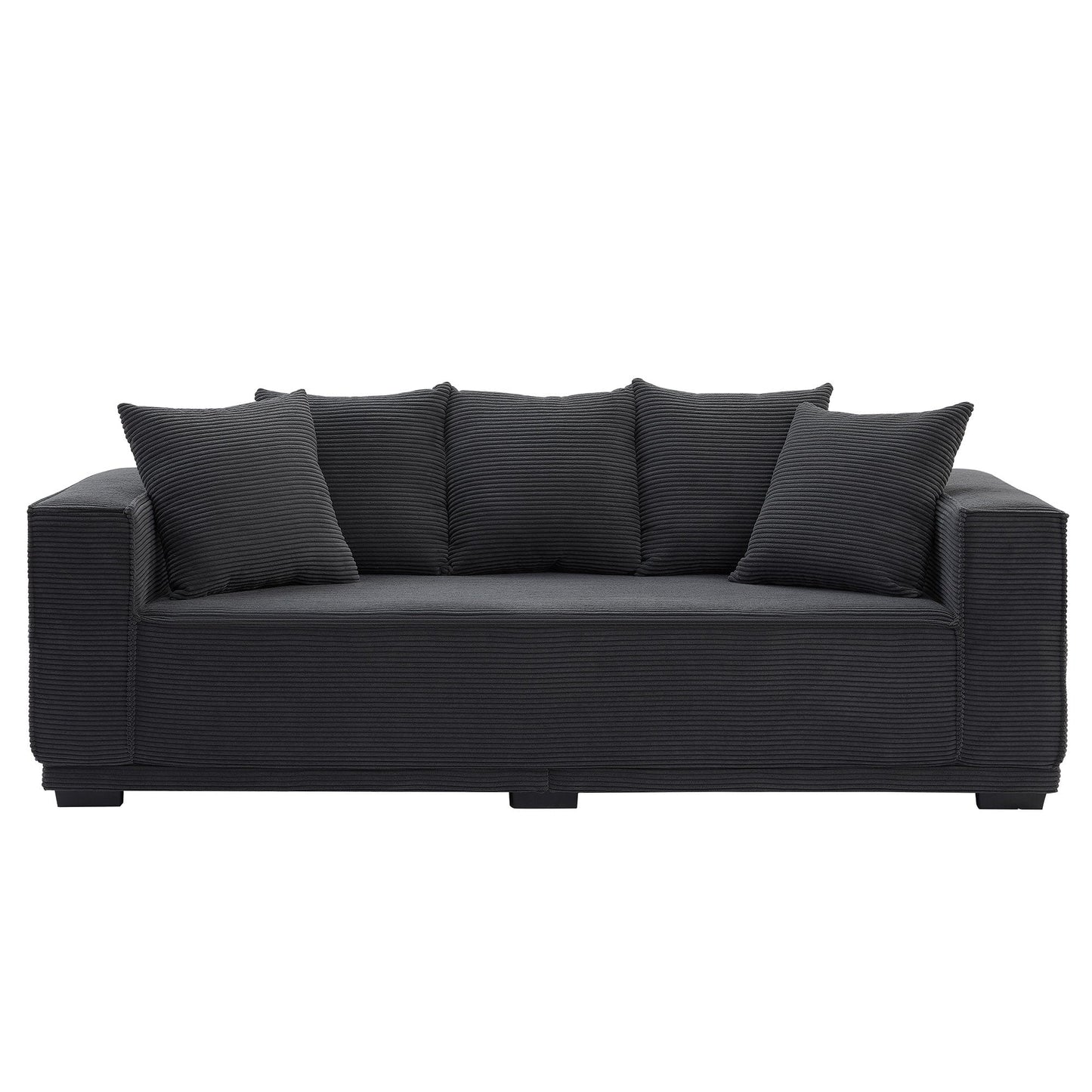 Divano moderno nero a 3 posti in velluto a coste imbottito con 5 cuscini coordinati per soggiorno, 88,97 €