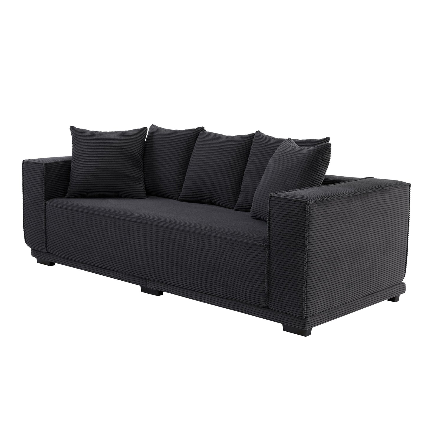 Divano moderno nero a 3 posti in velluto a coste imbottito con 5 cuscini coordinati per soggiorno, 88,97 €