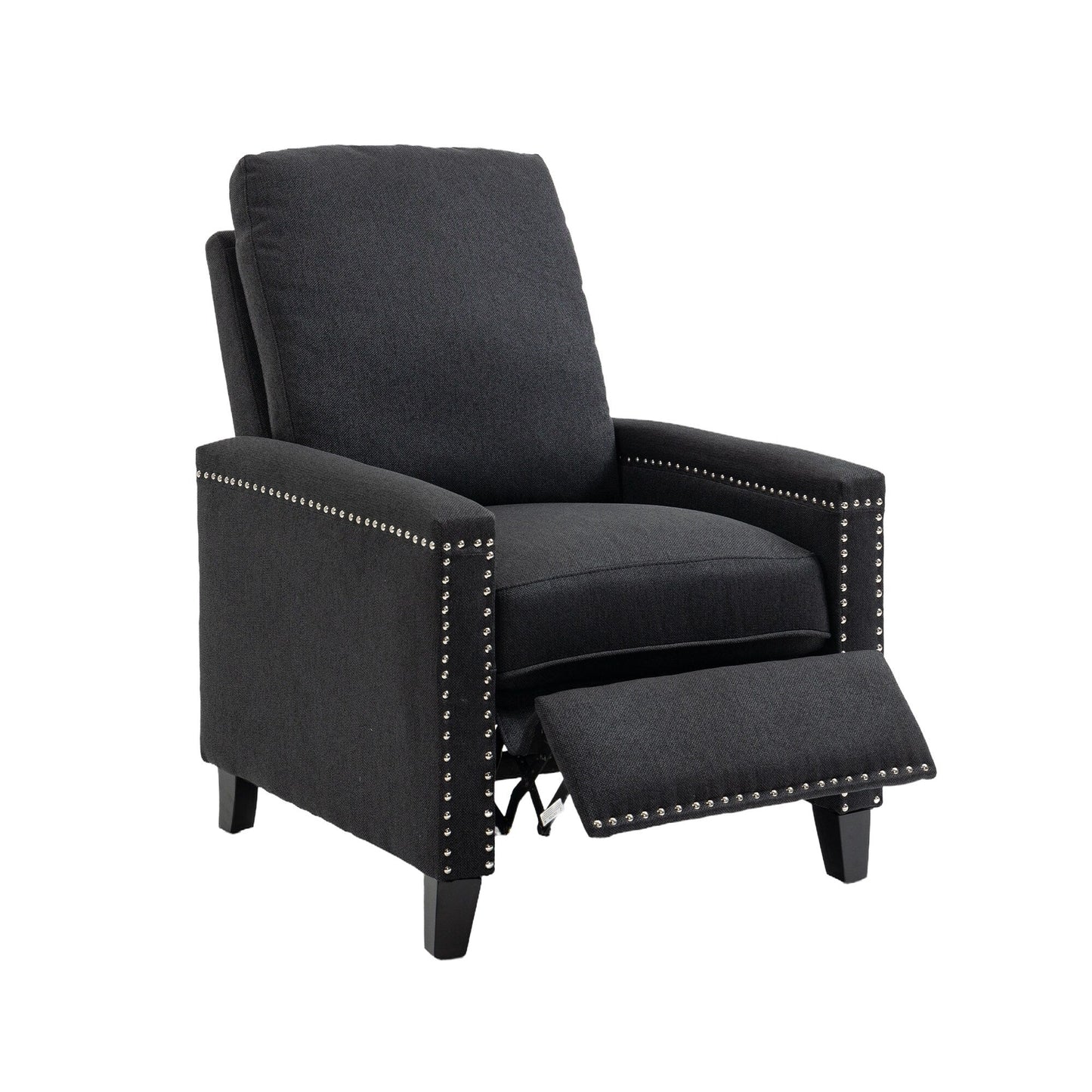 Poltrona reclinabile manuale moderna rivestita in velluto nero con morbidi cuscini e poggiapiedi, decorazione con borchie