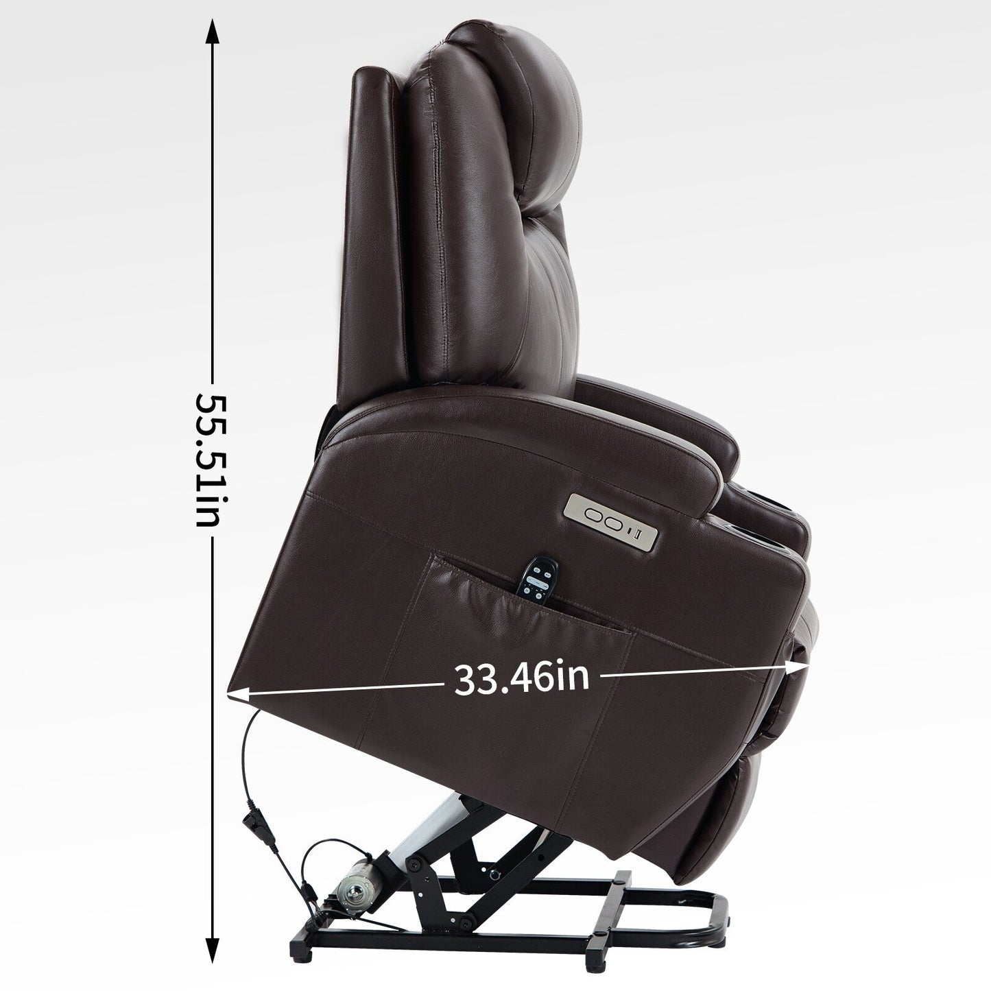 Poltrona reclinabile nera Okin Motor Lift con massaggio vibrante a 8 punti, riscaldamento lombare, doppio portabicchieri e porte USB