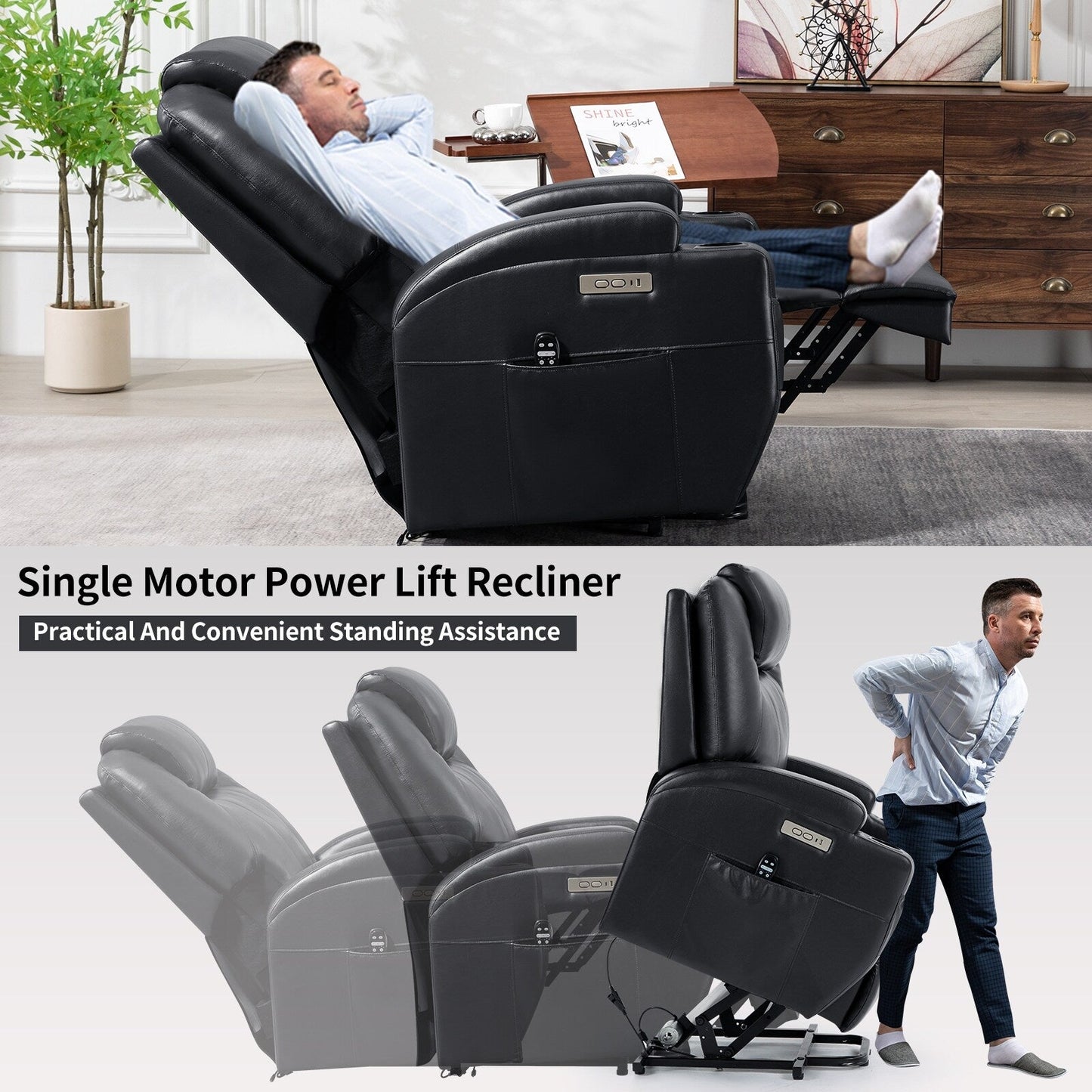 Poltrona reclinabile nera Okin Motor Lift con massaggio vibrante a 8 punti, riscaldamento lombare, doppio portabicchieri e porte USB