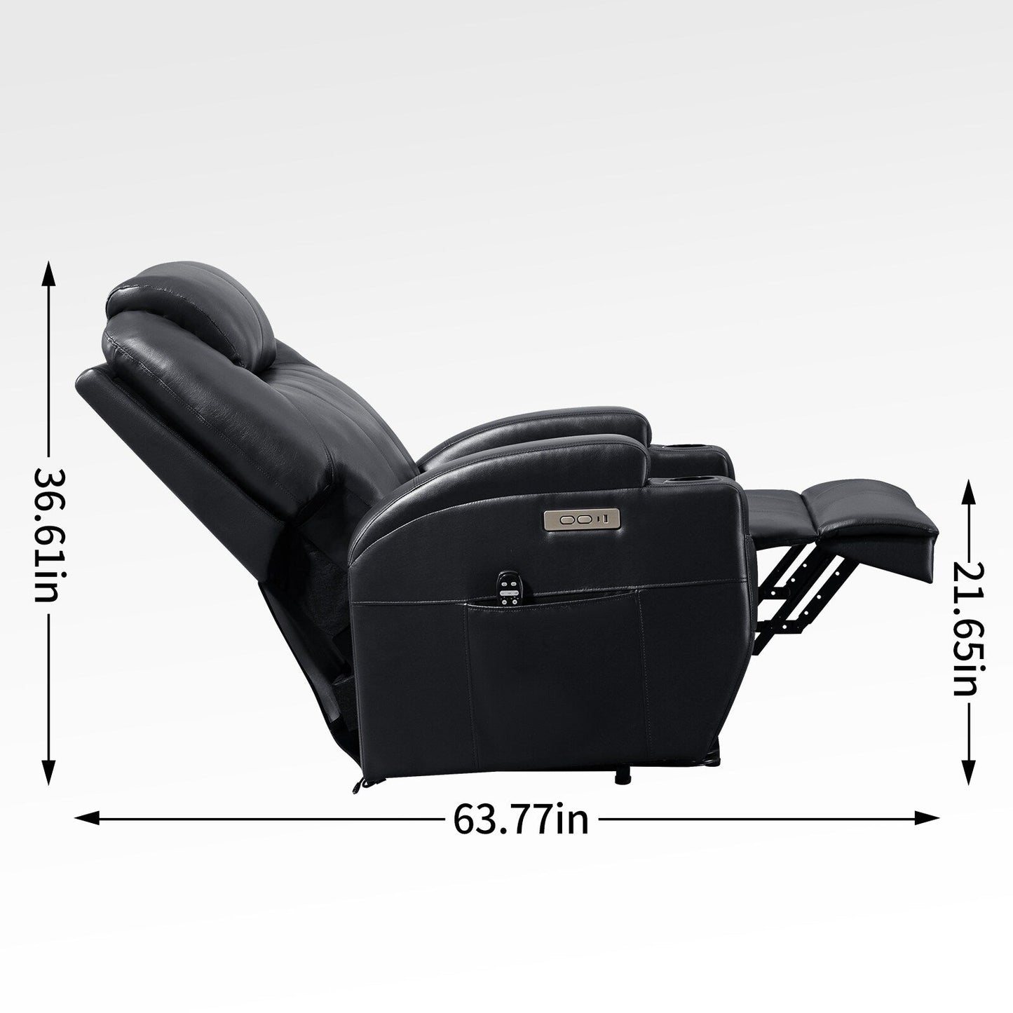 Poltrona reclinabile nera Okin Motor Lift con massaggio vibrante a 8 punti, riscaldamento lombare, doppio portabicchieri e porte USB