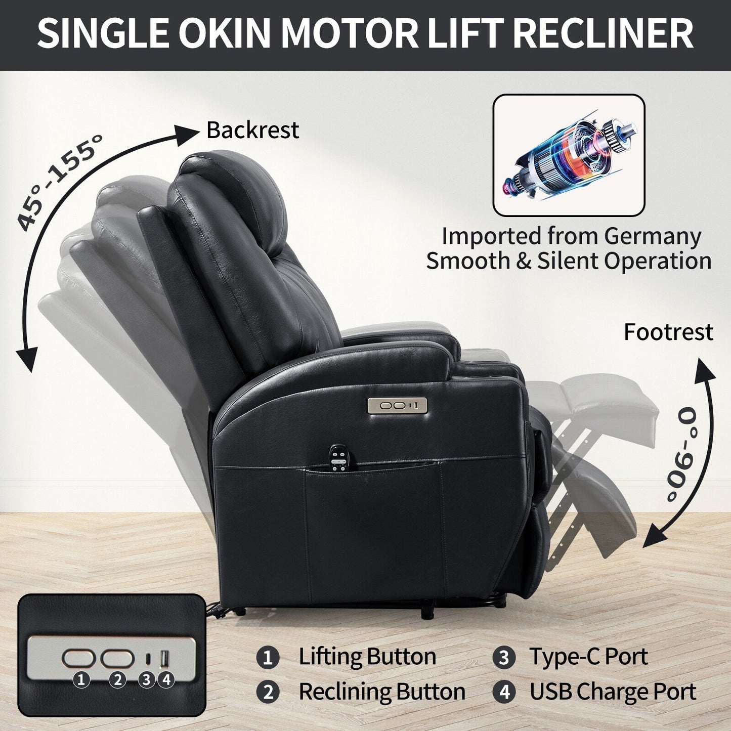 Poltrona reclinabile nera Okin Motor Lift con massaggio vibrante a 8 punti, riscaldamento lombare, doppio portabicchieri e porte USB