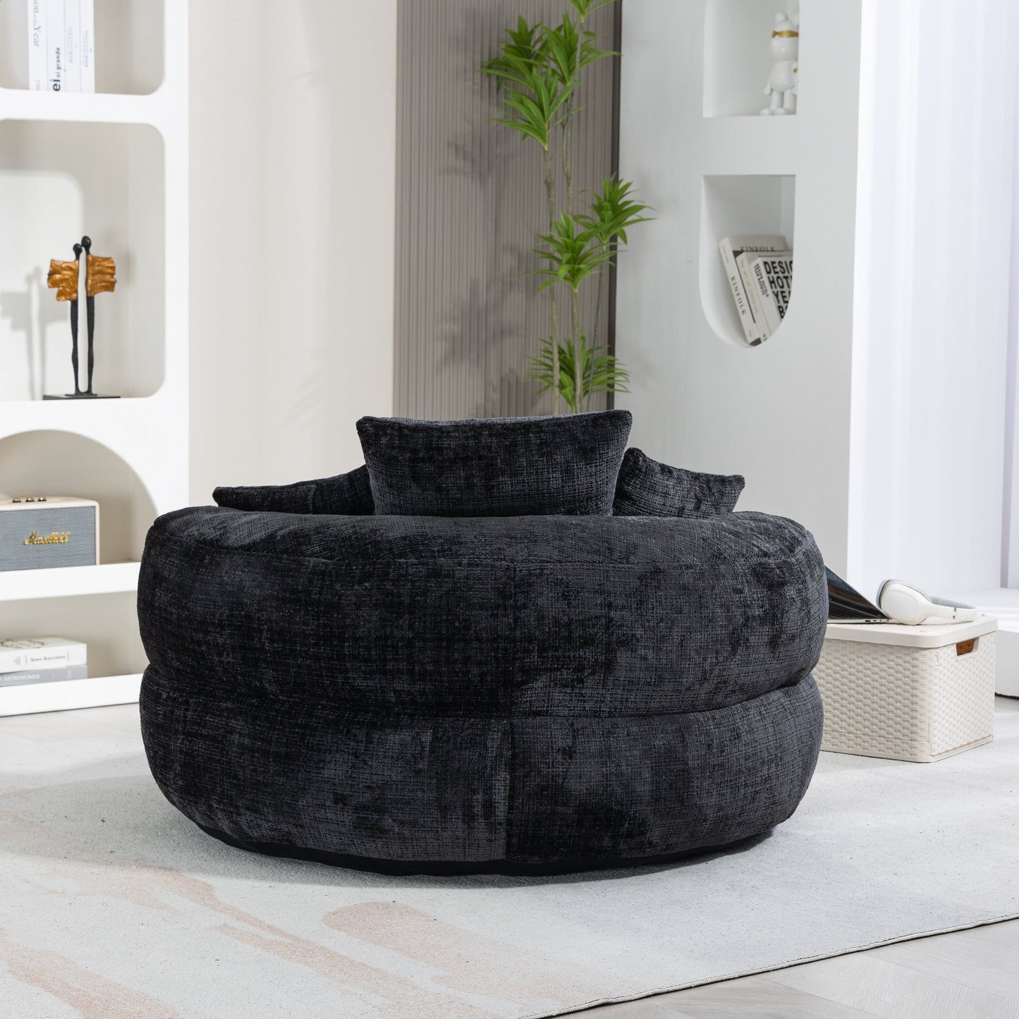 Divano singolo a sacco in ciniglia nero oversize da 42,52 pollici con tre cuscini per camera da letto