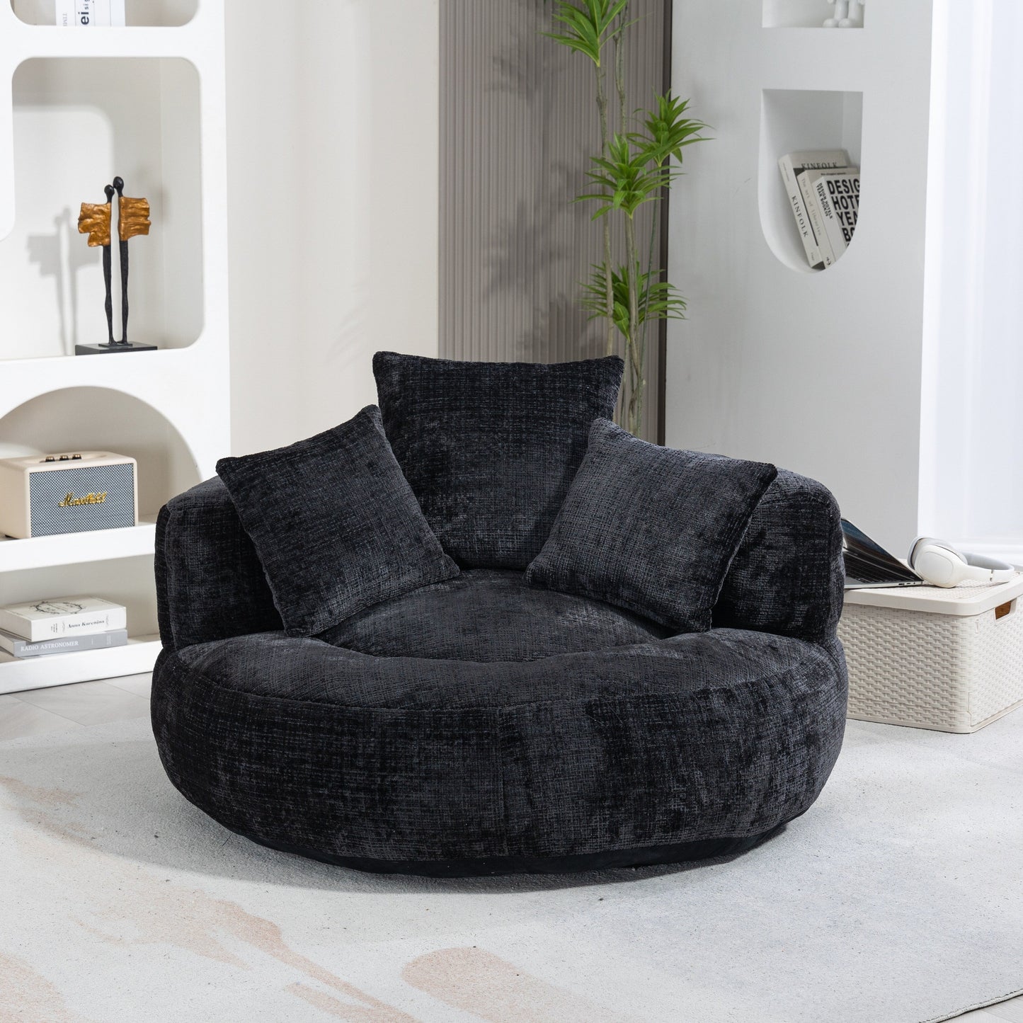 Divano singolo a sacco in ciniglia nero oversize da 42,52 pollici con tre cuscini per camera da letto