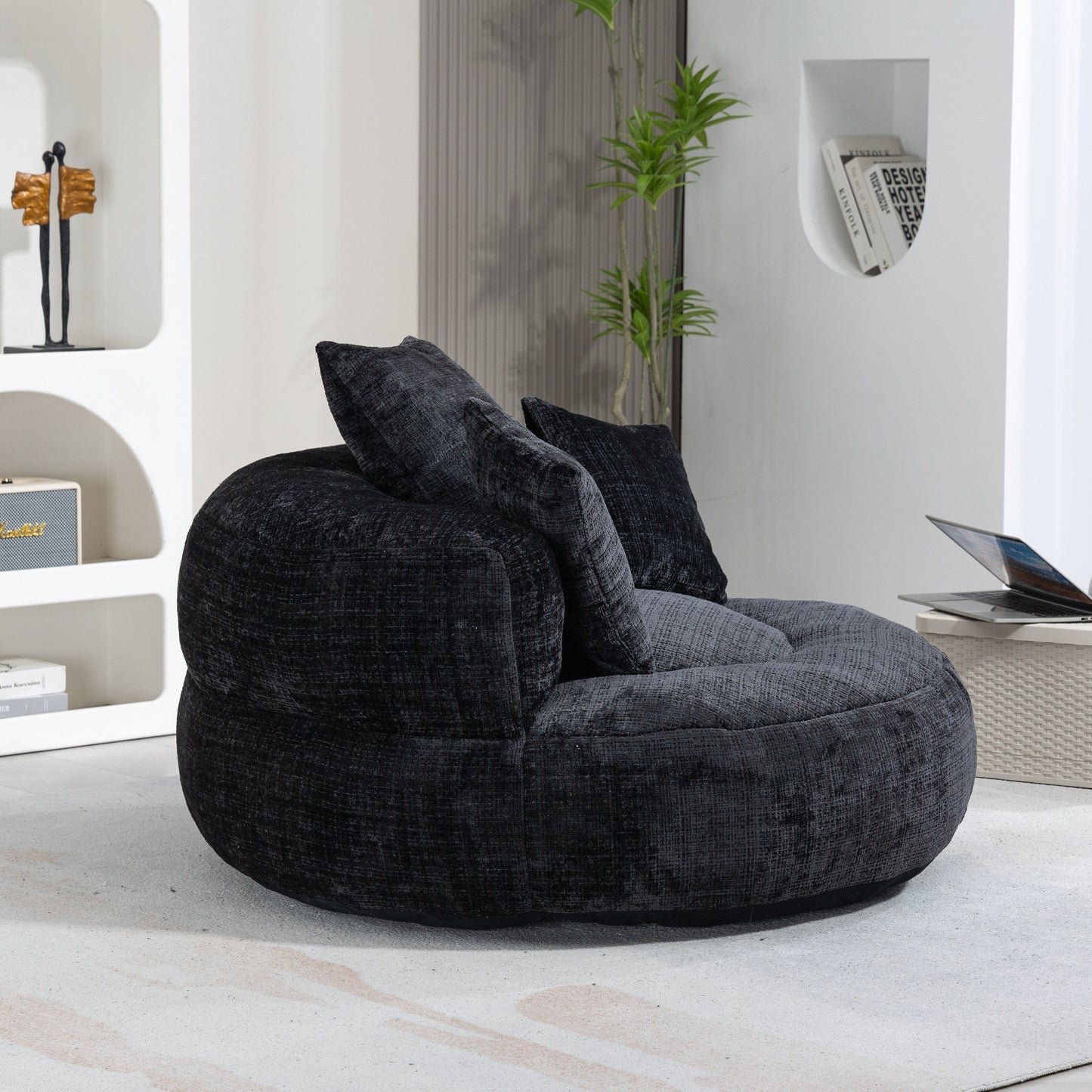 Divano singolo a sacco in ciniglia nero oversize da 42,52 pollici con tre cuscini per camera da letto