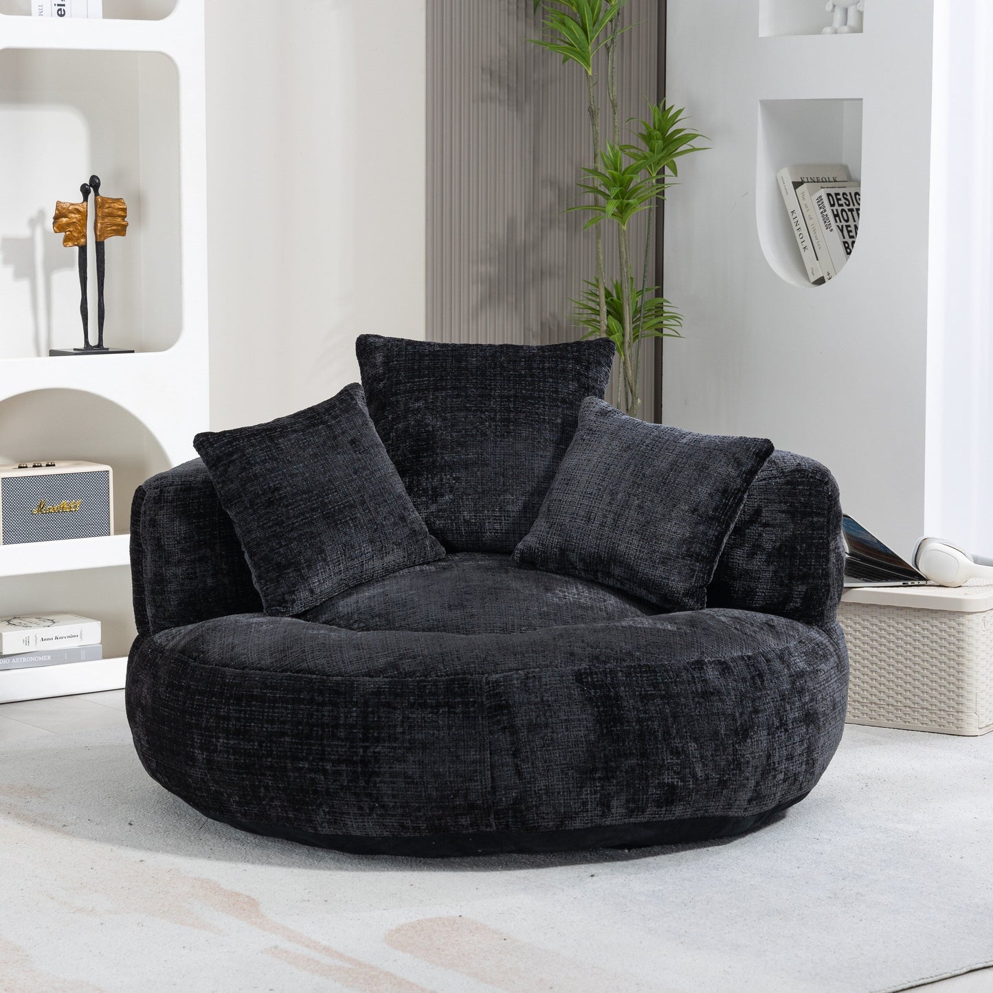 Divano singolo a sacco in ciniglia nero oversize da 42,52 pollici con tre cuscini per camera da letto