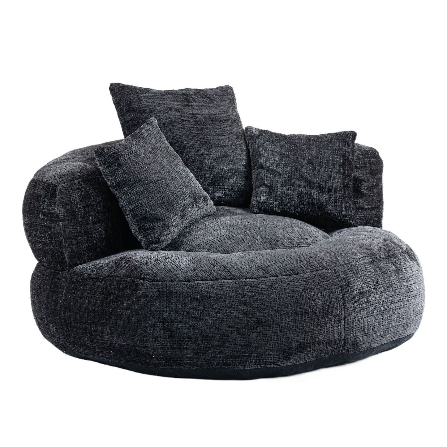 Divano singolo a sacco in ciniglia nero oversize da 42,52 pollici con tre cuscini per camera da letto