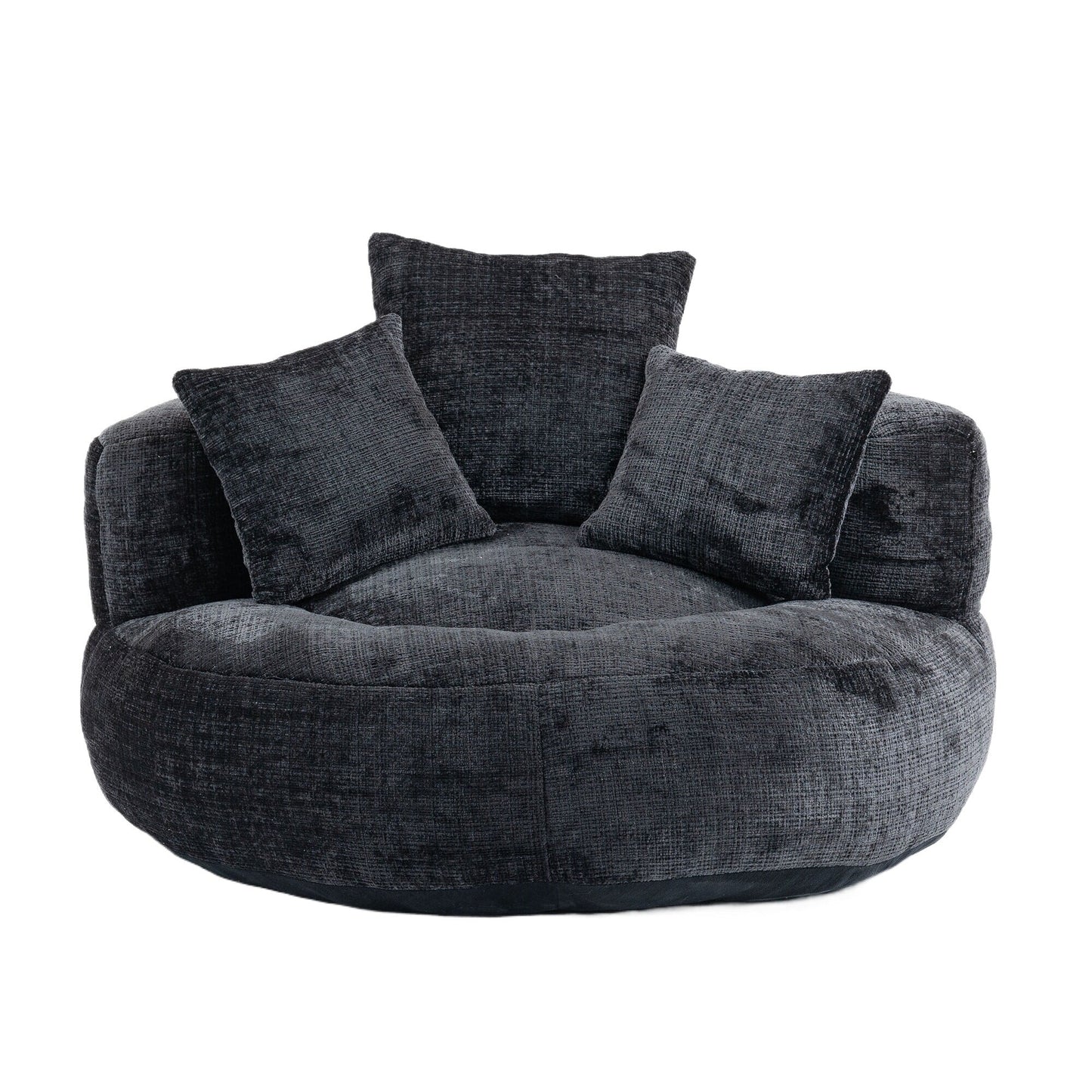 Divano singolo a sacco in ciniglia nero oversize da 42,52 pollici con tre cuscini per camera da letto