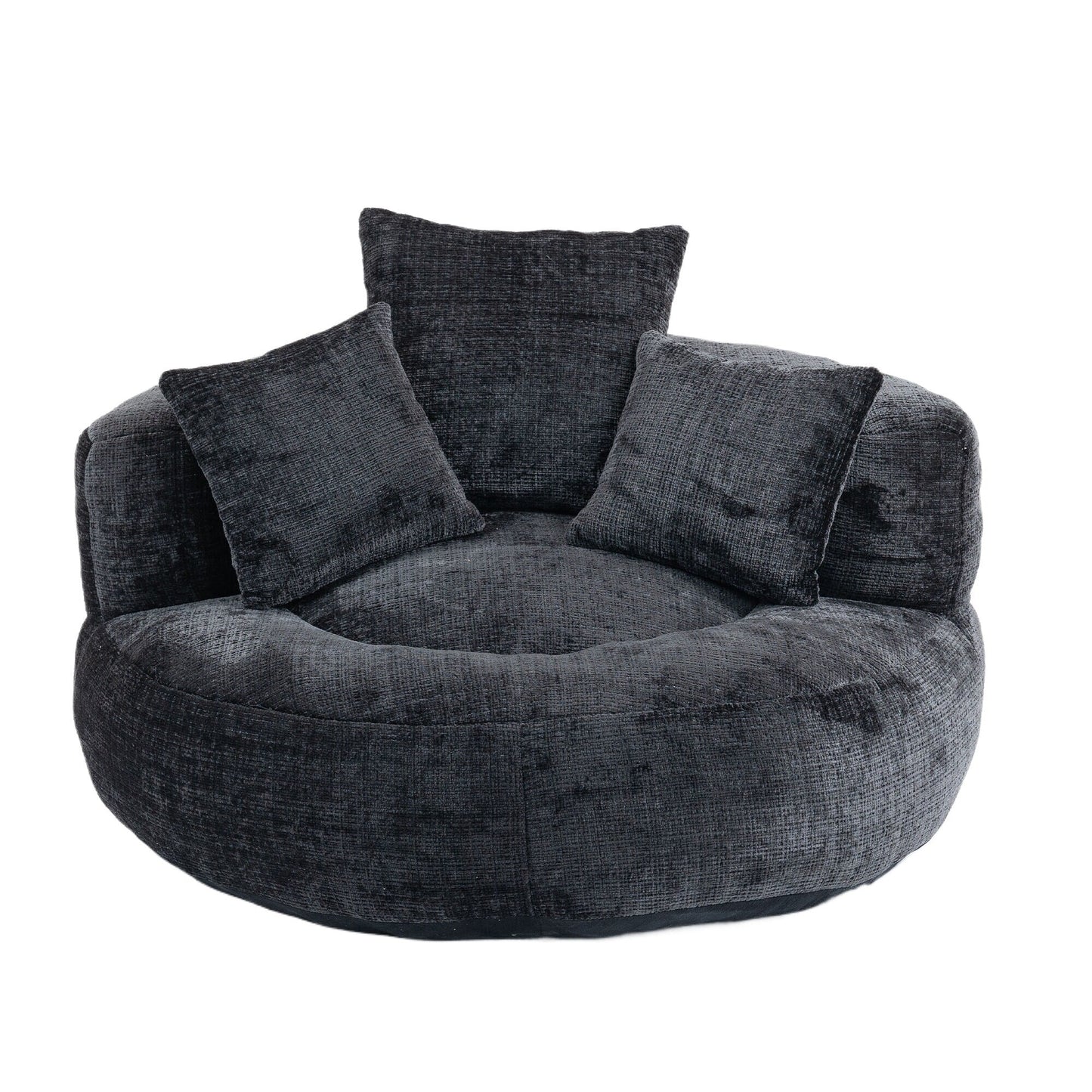 Divano singolo a sacco in ciniglia nero oversize da 42,52 pollici con tre cuscini per camera da letto