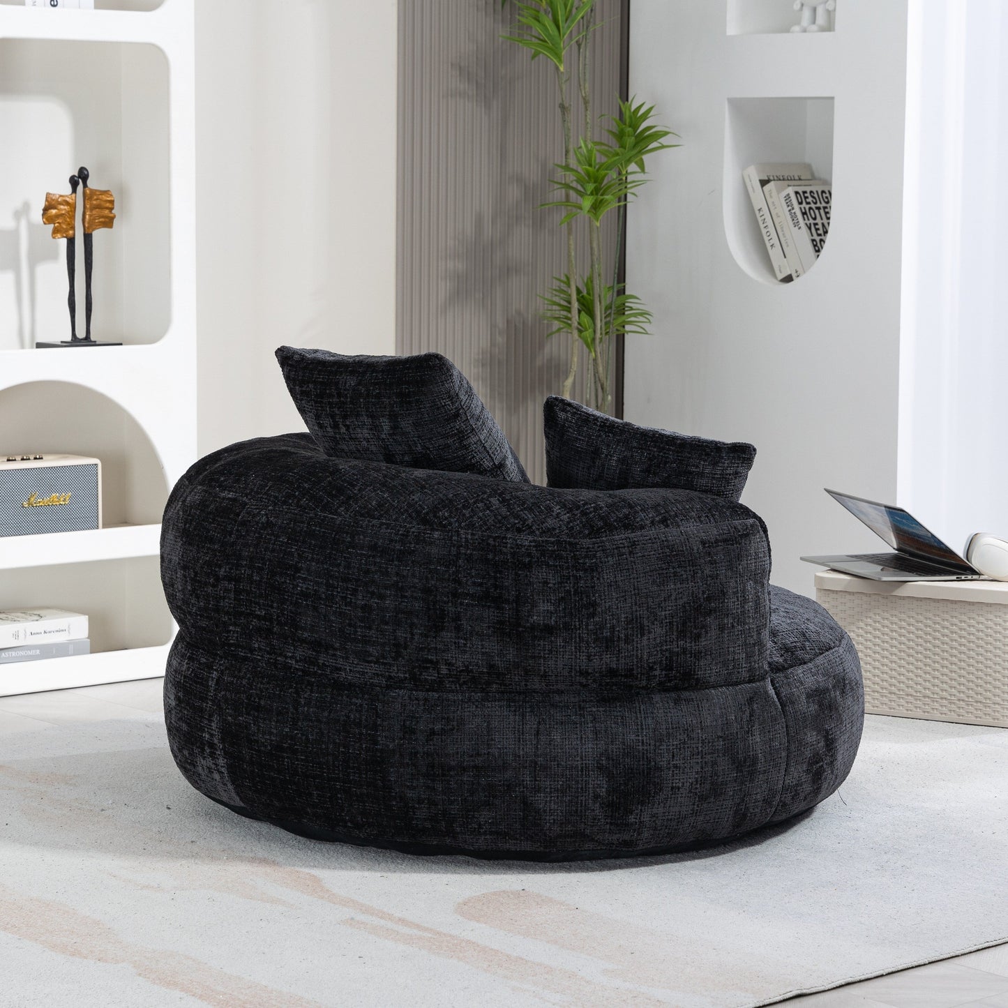 Divano singolo a sacco in ciniglia nero oversize da 42,52 pollici con tre cuscini per camera da letto