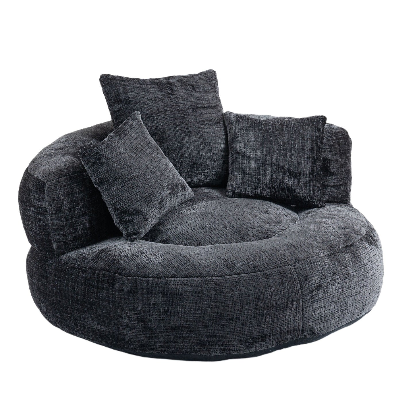 Divano singolo a sacco in ciniglia nero oversize da 42,52 pollici con tre cuscini per camera da letto