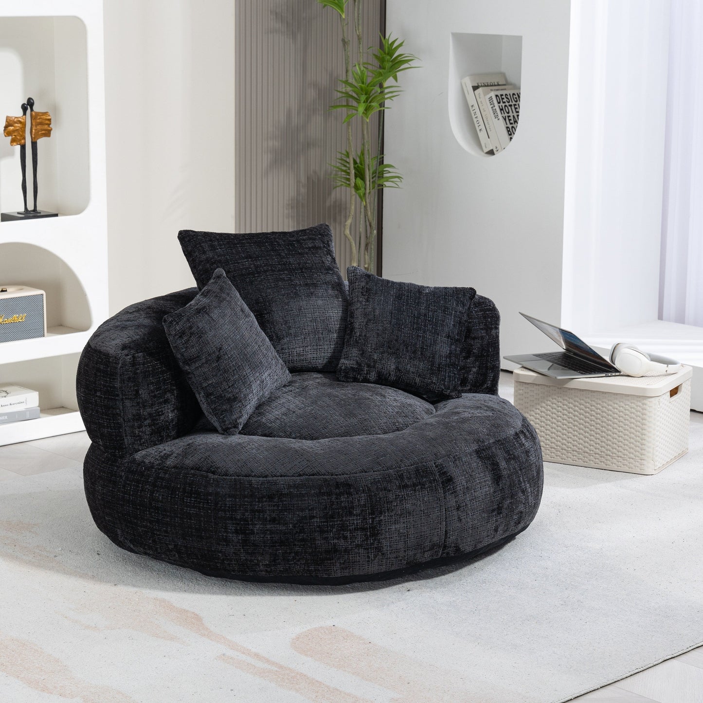 Divano singolo a sacco in ciniglia nero oversize da 42,52 pollici con tre cuscini per camera da letto