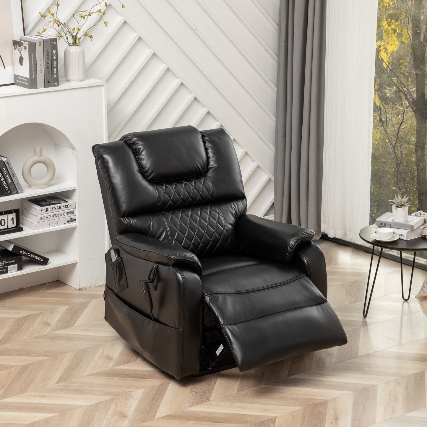 Poltrona reclinabile elettrica oversize in pelle PU nera con massaggio, riscaldamento lombare, tasche laterali, posizione piatta a 180°