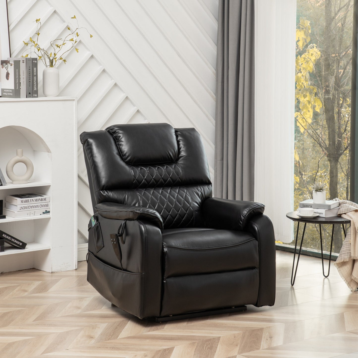 Poltrona reclinabile elettrica oversize in pelle PU nera con massaggio, riscaldamento lombare, tasche laterali, posizione piatta a 180°
