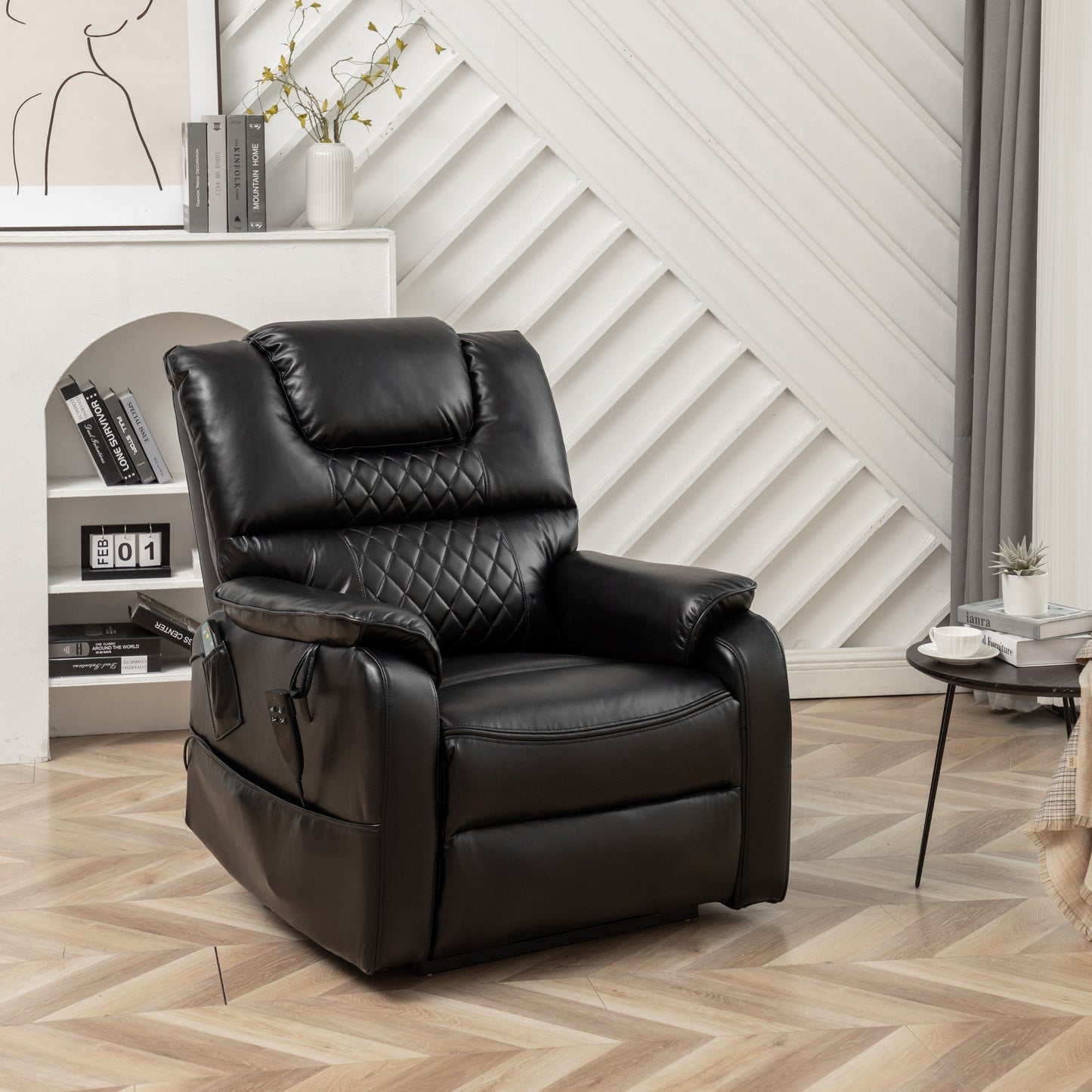 Poltrona reclinabile elettrica oversize in pelle PU nera con massaggio, riscaldamento lombare, tasche laterali, posizione piatta a 180°