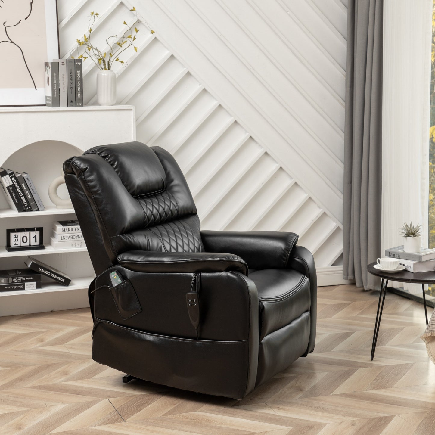 Poltrona reclinabile elettrica oversize in pelle PU nera con massaggio, riscaldamento lombare, tasche laterali, posizione piatta a 180°