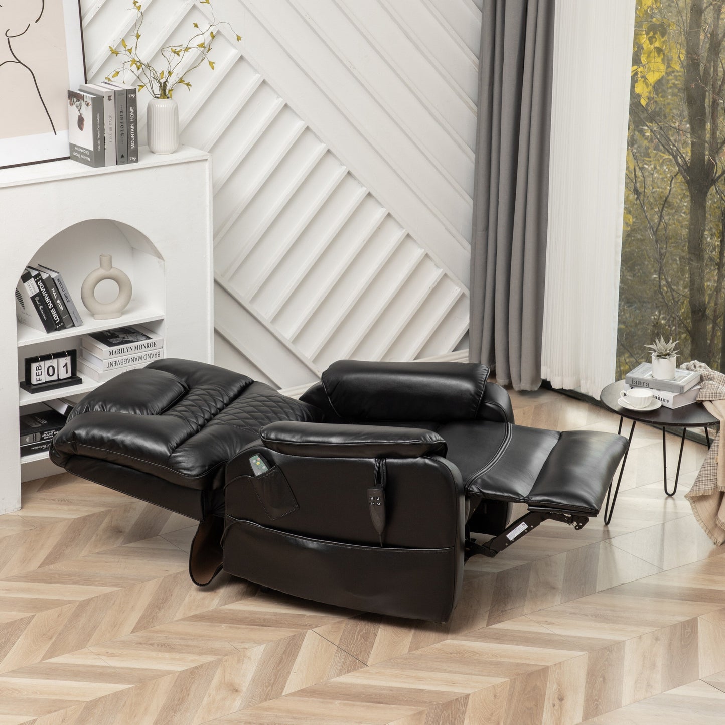 Poltrona reclinabile elettrica oversize in pelle PU nera con massaggio, riscaldamento lombare, tasche laterali, posizione piatta a 180°