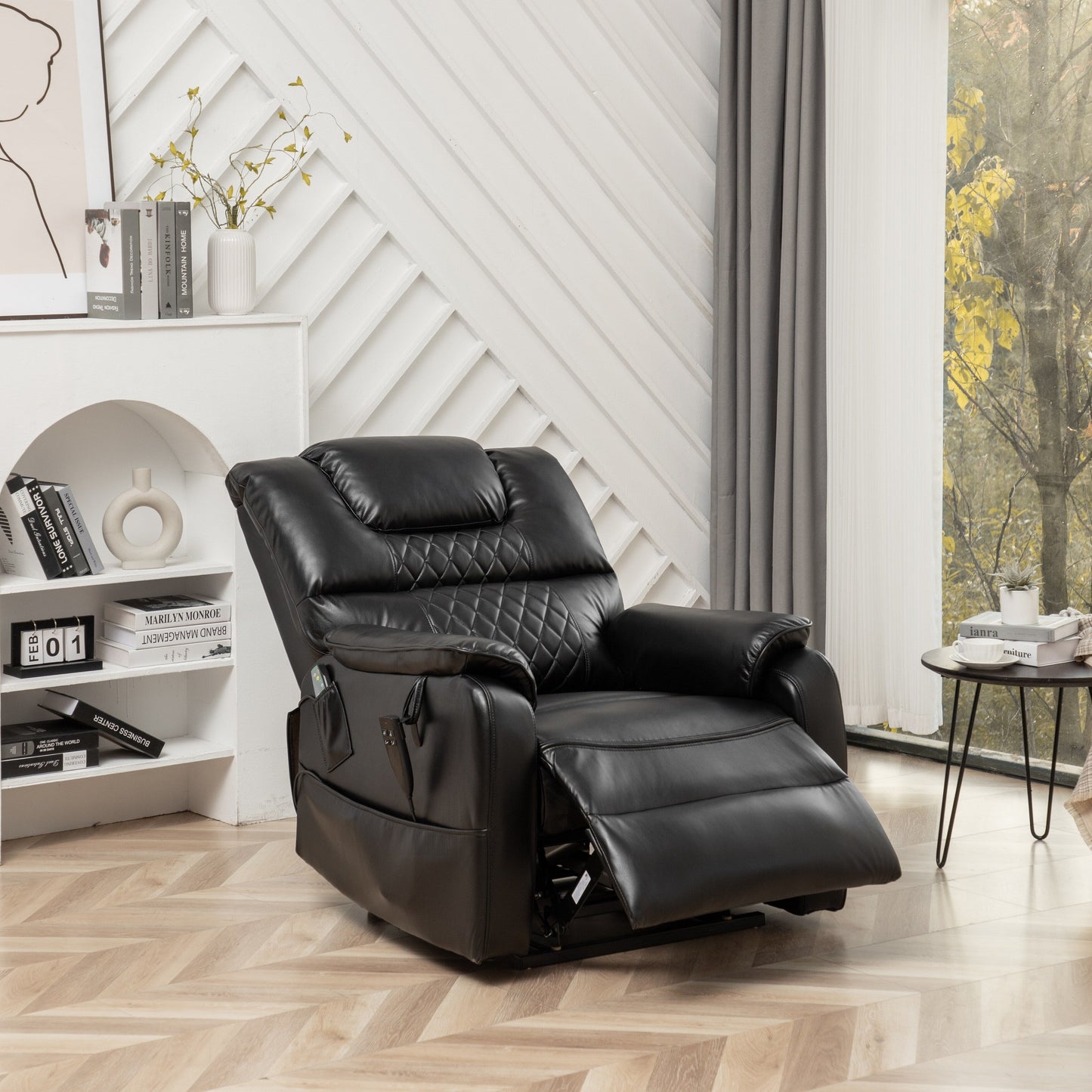 Poltrona reclinabile elettrica oversize in pelle PU nera con massaggio, riscaldamento lombare, tasche laterali, posizione piatta a 180°