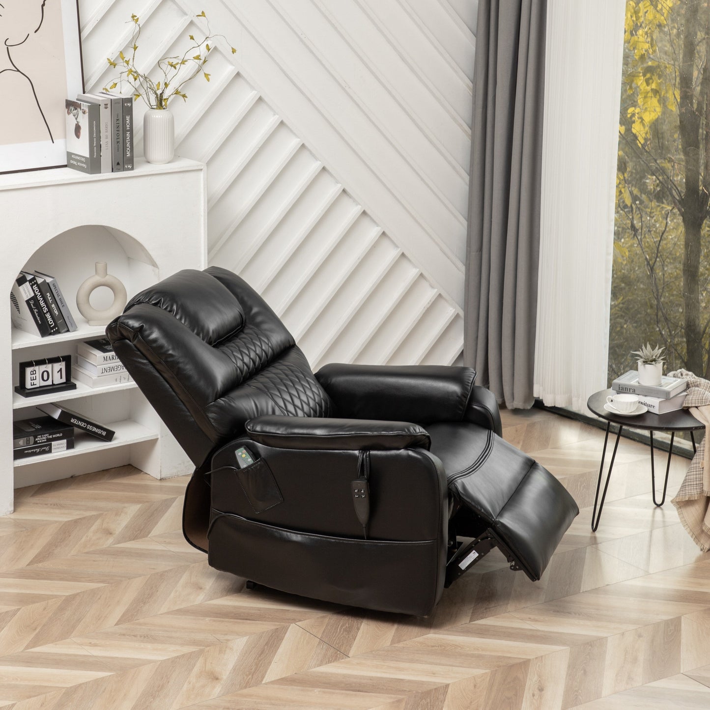 Poltrona reclinabile elettrica oversize in pelle PU nera con massaggio, riscaldamento lombare, tasche laterali, posizione piatta a 180°