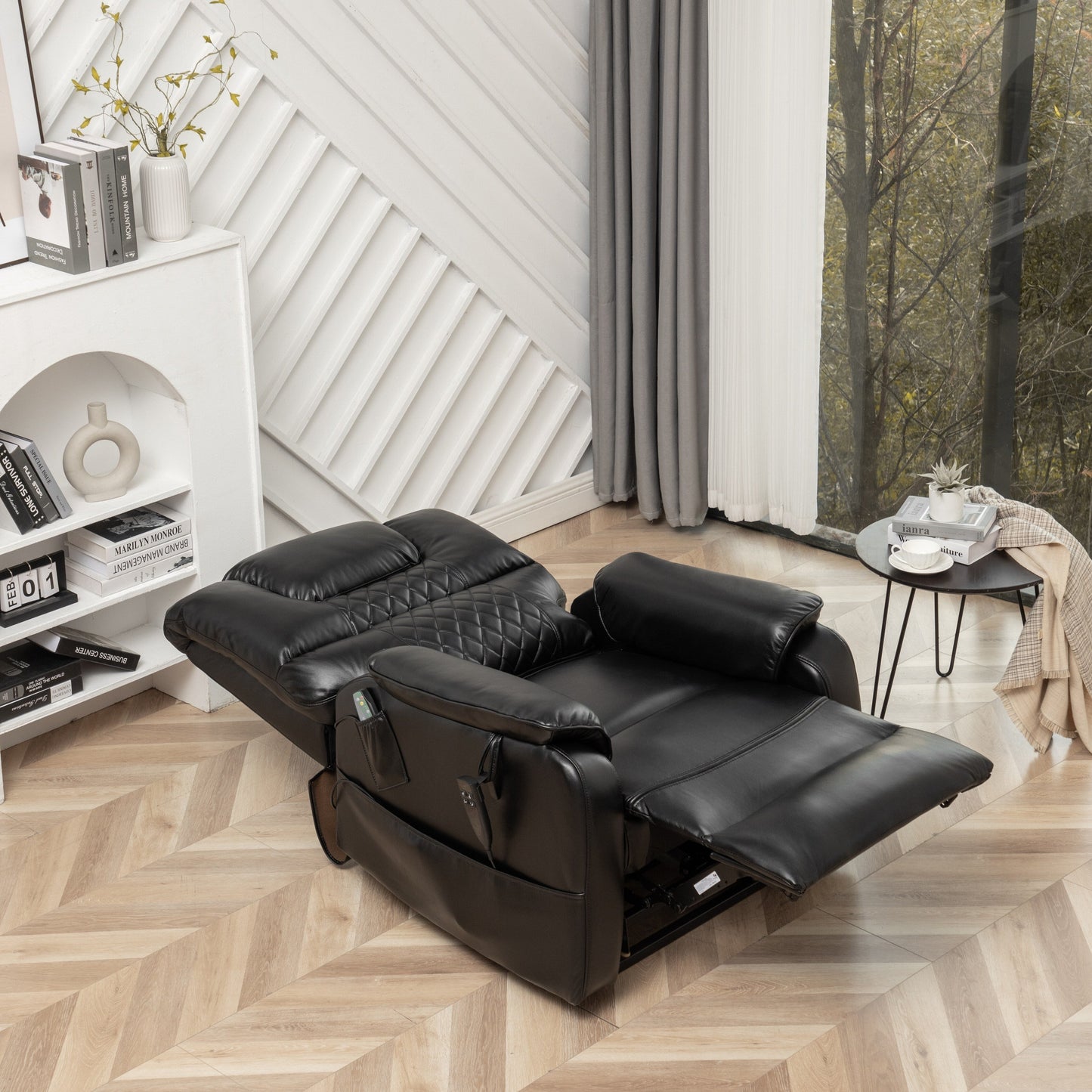 Poltrona reclinabile elettrica oversize in pelle PU nera con massaggio, riscaldamento lombare, tasche laterali, posizione piatta a 180°