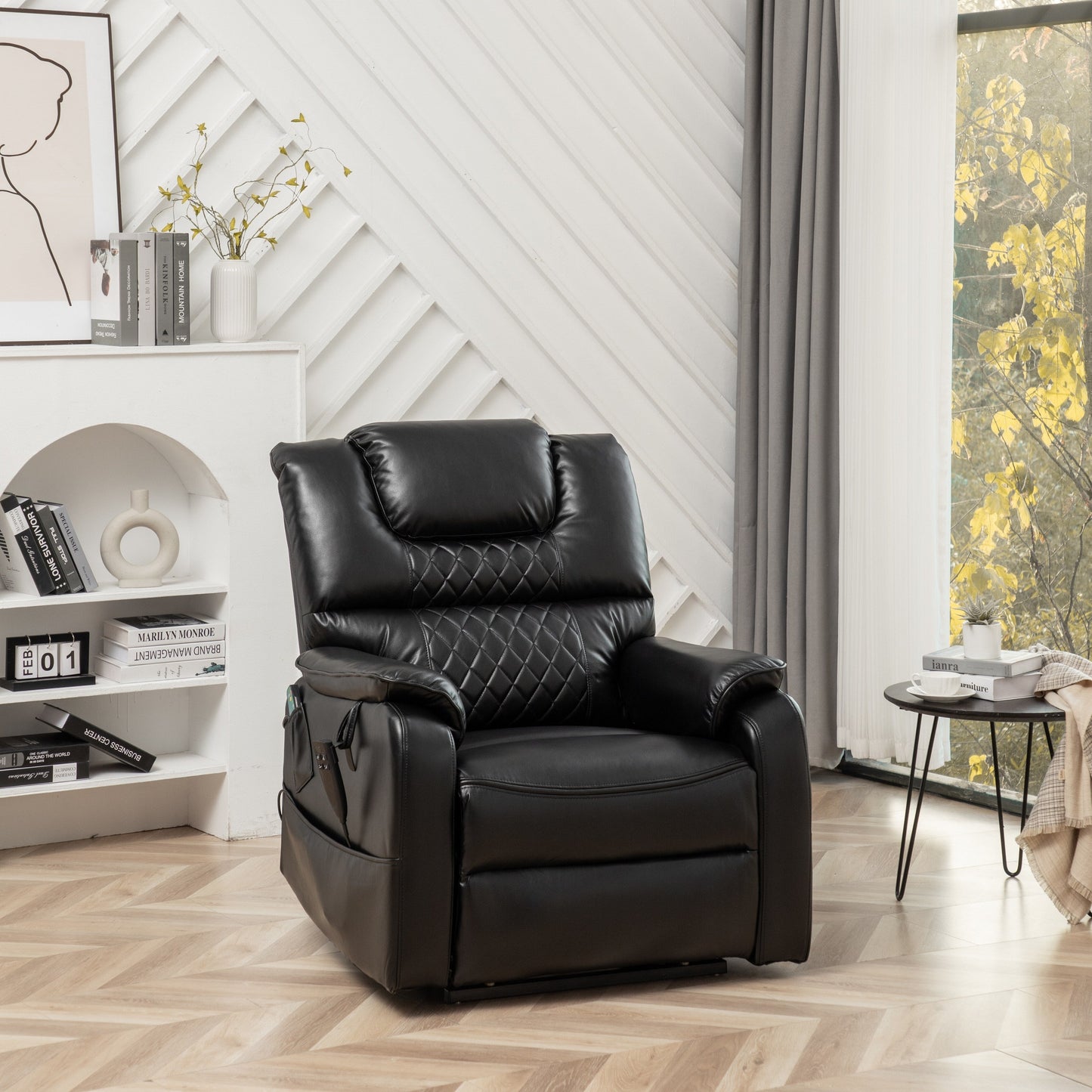 Poltrona reclinabile elettrica oversize in pelle PU nera con massaggio, riscaldamento lombare, tasche laterali, posizione piatta a 180°
