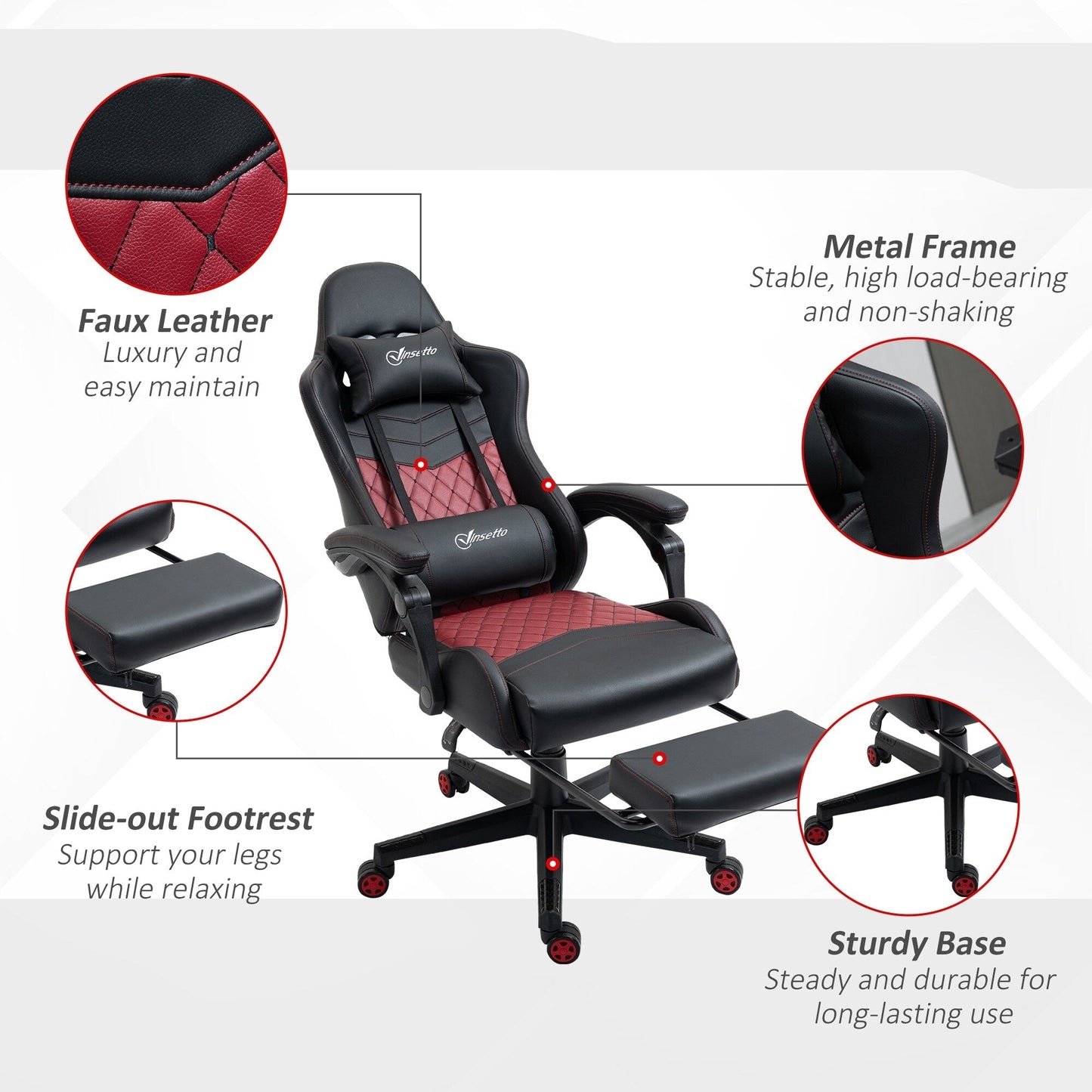 Poltrona reclinabile da gioco girevole a 360° in pelle PU nera con poggiapiedi, poggiatesta, supporto lombare e altezza regolabile
