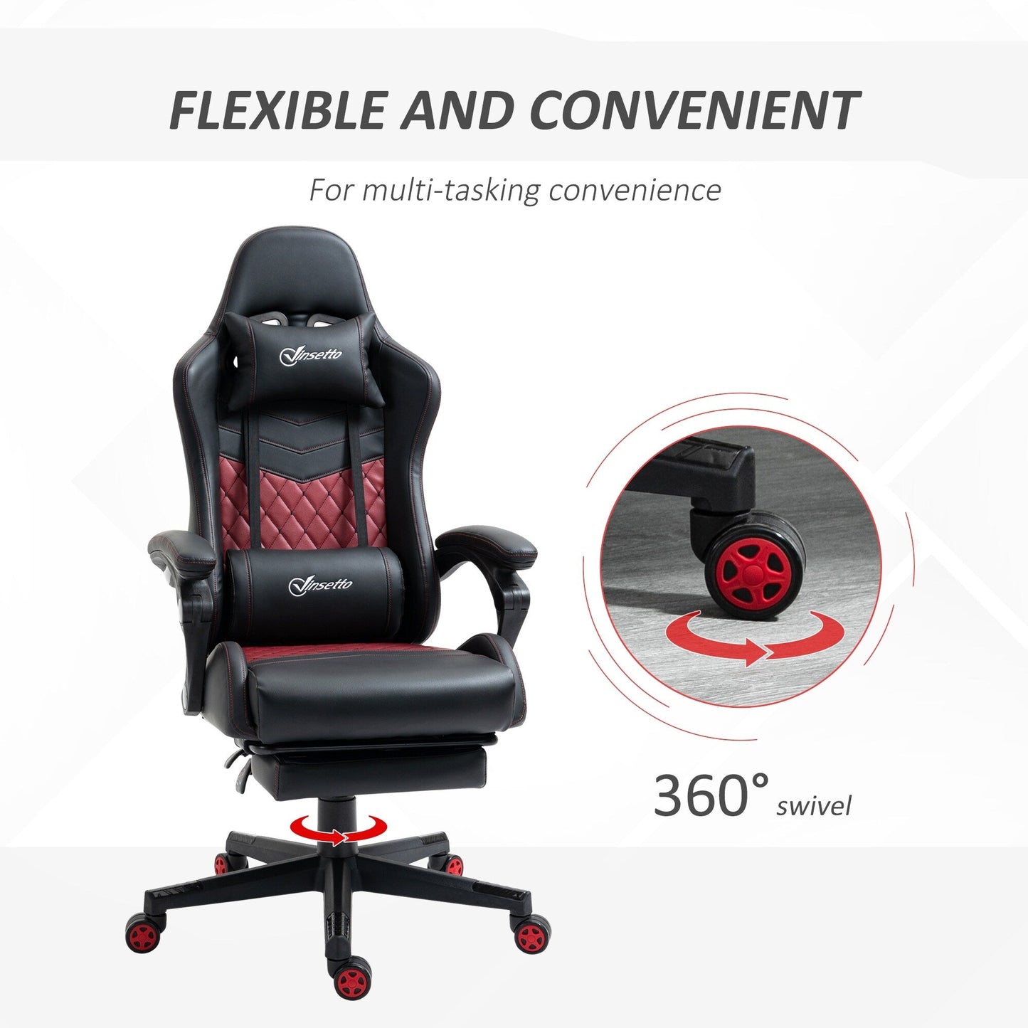 Poltrona reclinabile da gioco girevole a 360° in pelle PU nera con poggiapiedi, poggiatesta, supporto lombare e altezza regolabile