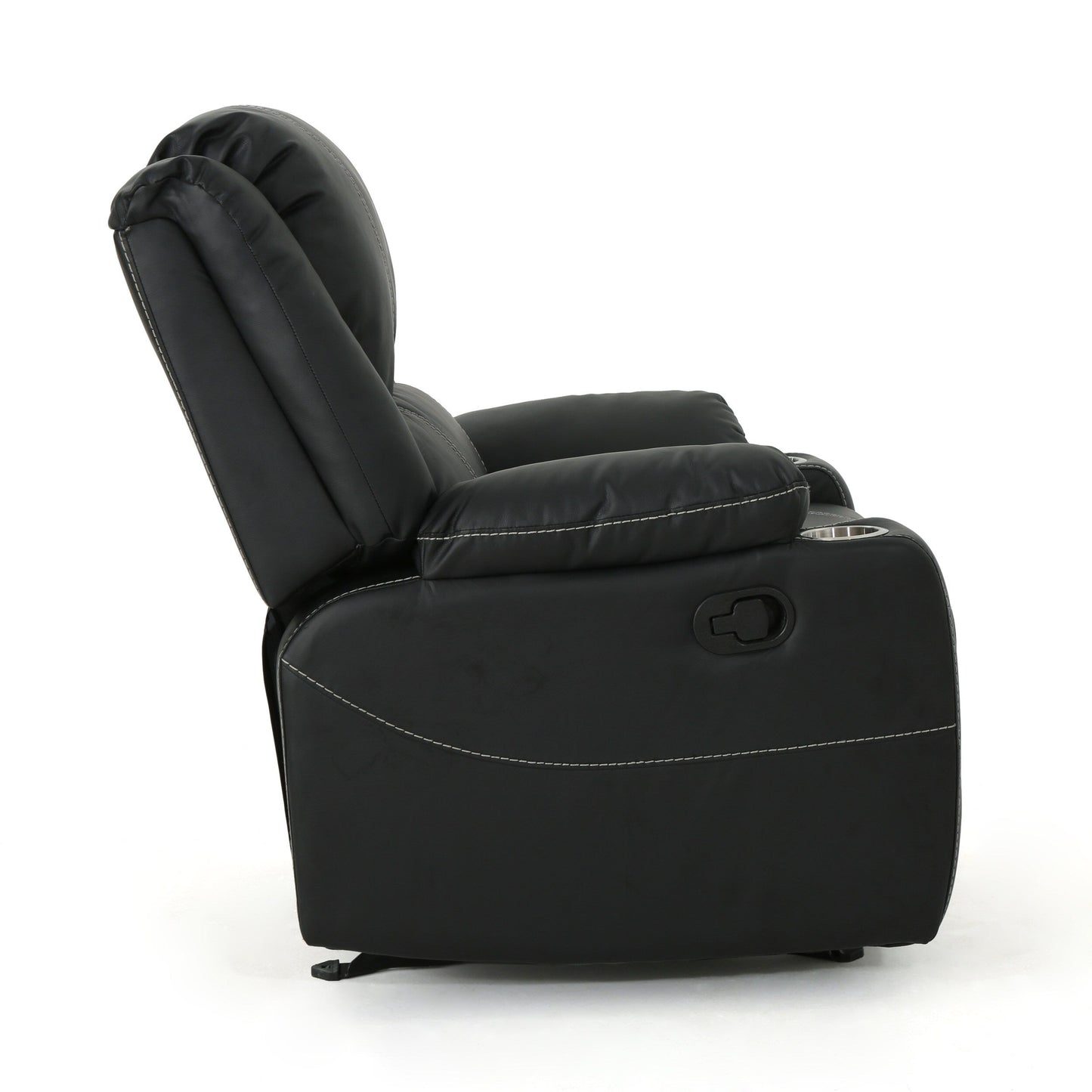Poltrona reclinabile in similpelle nera con portabicchieri in acciaio, reclinazione senza sforzo e comfort lussuoso per il relax