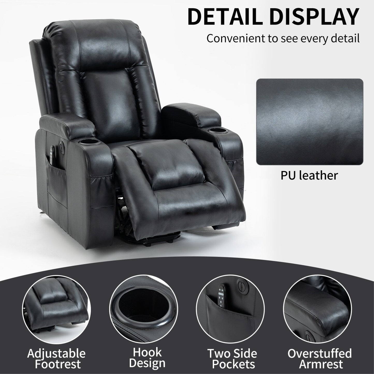 Poltrona reclinabile elettrica nera con massaggio a 8 punti, supporto lombare riscaldato, porte USB, portabicchieri e meccanismo resistente