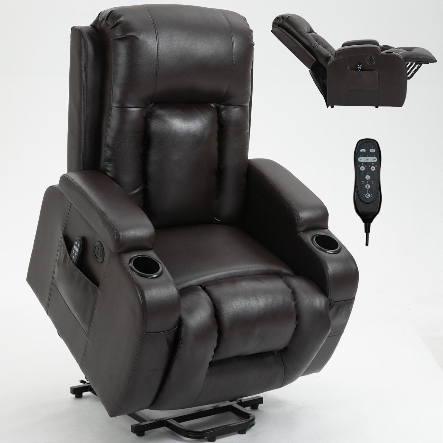 Poltrona reclinabile elettrica nera con massaggio vibrante, riscaldamento lombare, porta USB e portabicchieri per il comfort degli anziani